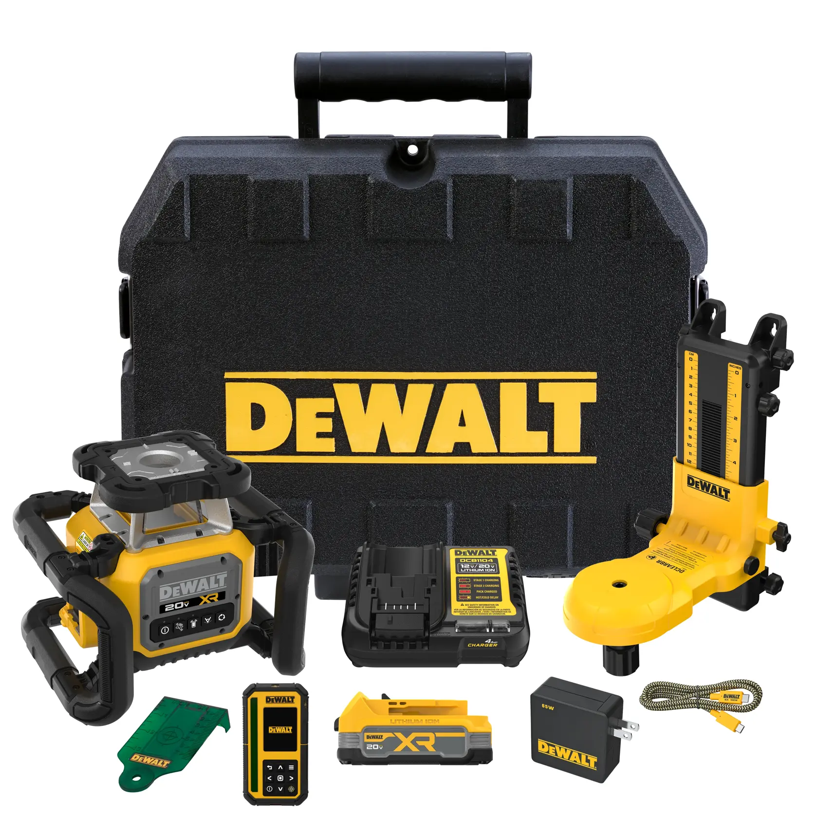 Un kit de laser rotatif DEWALT 20V XR avec accessoires est présenté. L'image montre une mallette de transport noire et jaune avec le logo DEWALT, une unité de laser rotatif avec cage de protection, un détecteur de laser, un chargeur de batterie, une batterie rechargeable, une télécommande, un support mural, une carte cible verte, un adaptateur d'alimentation et un câble.