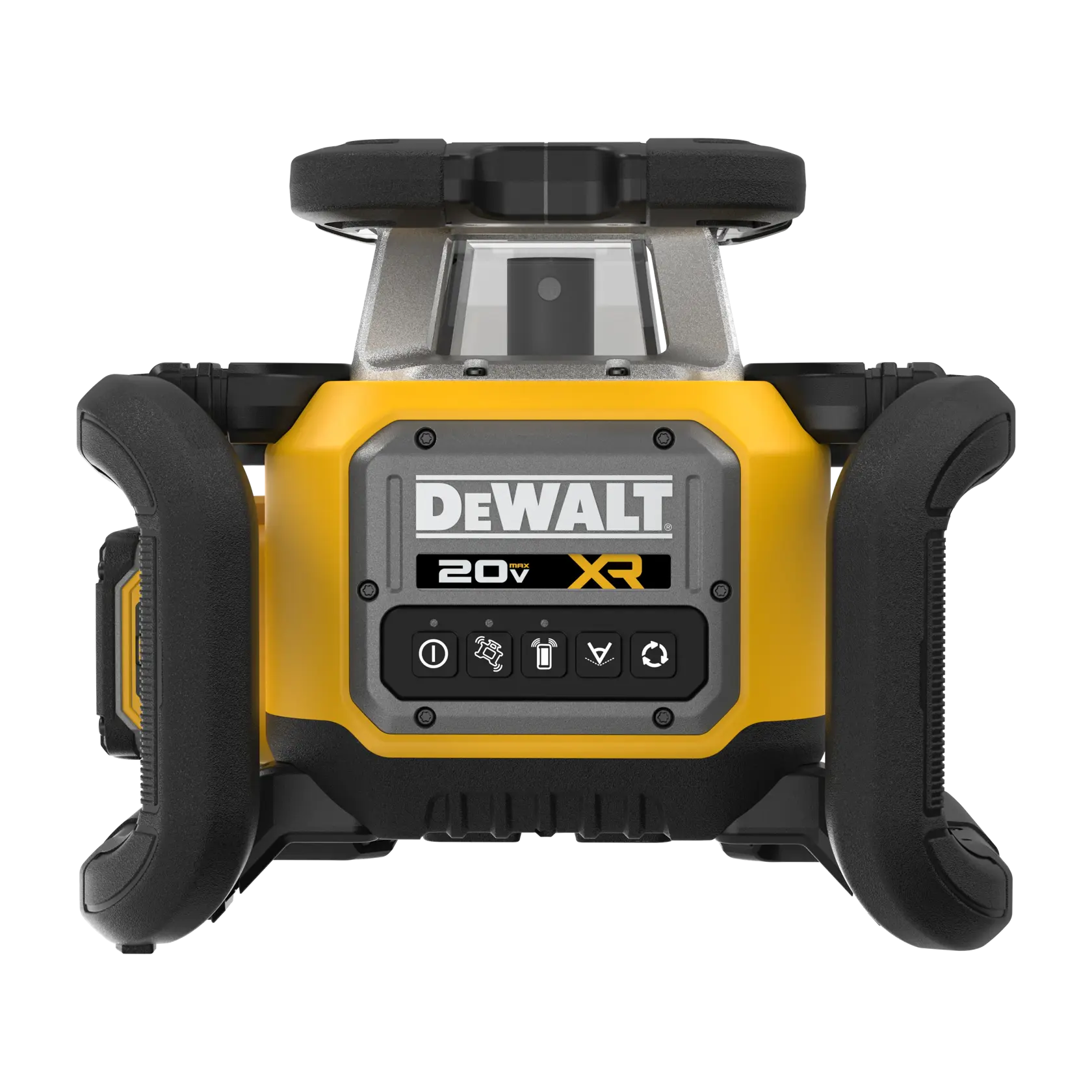 Vue de face d'un niveau laser rotatif DEWALT 20V XR, avec un boîtier jaune et noir, des pare-chocs de protection et un panneau de commande numérique avec plusieurs icônes et boutons sur le devant.