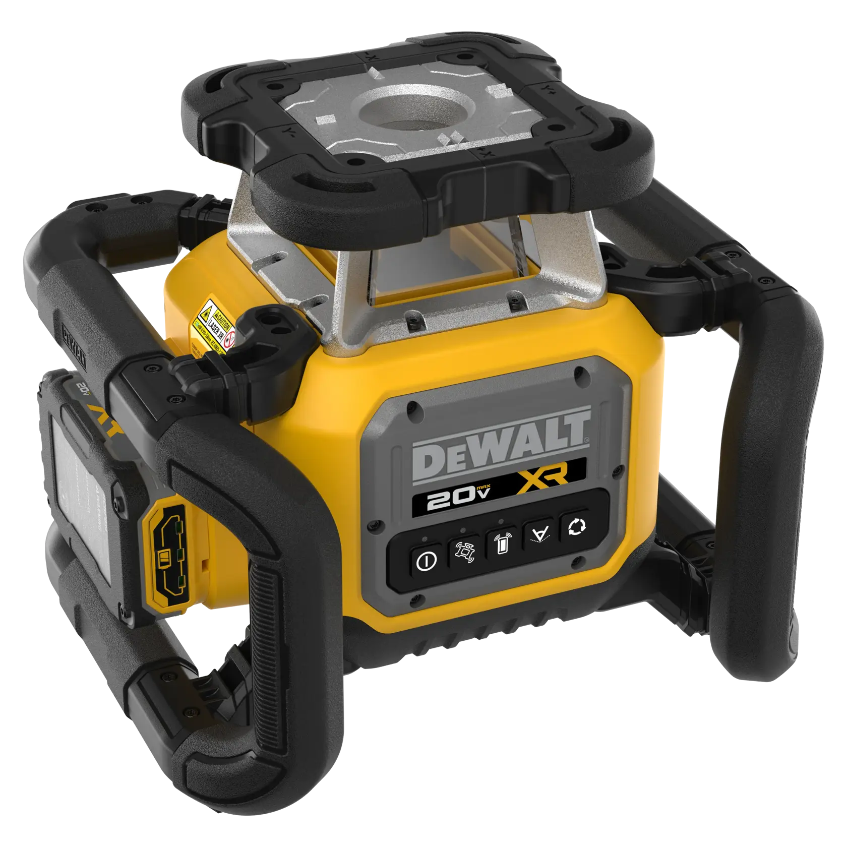 Un outil laser rotatif DEWALT 20V XR avec un design robuste jaune et noir, des poignées de protection et un panneau de commande à l'avant. Le produit semble durable et adapté aux applications de construction ou de photographie.