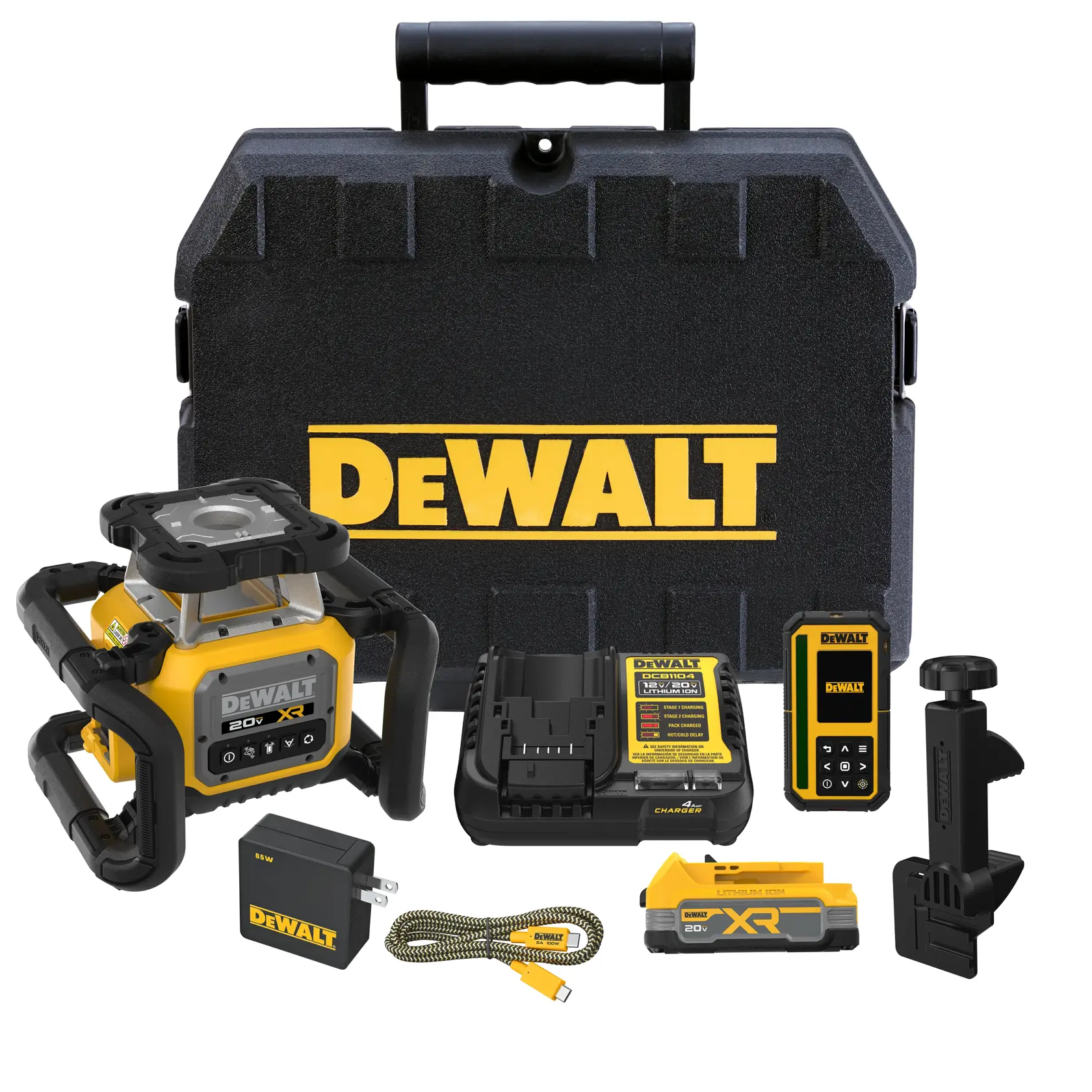 Kit niveau laser DEWALT 20V affiché avec une mallette de transport noire, un appareil de niveau laser, un chargeur de batterie, une batterie lithium-ion, une télécommande, un support de montage, un adaptateur secteur et un câble USB. Tous les éléments portent la marque jaune et noire DEWALT.