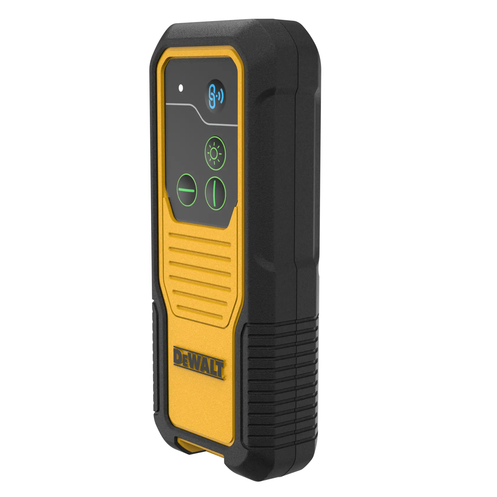 A DEWALT-branded electronic device with a black and yellow rugged design. The front panel shows three illuminated buttons and a display with indicator symbols, suggesting it is a portable tool, possibly for photography or measurement.