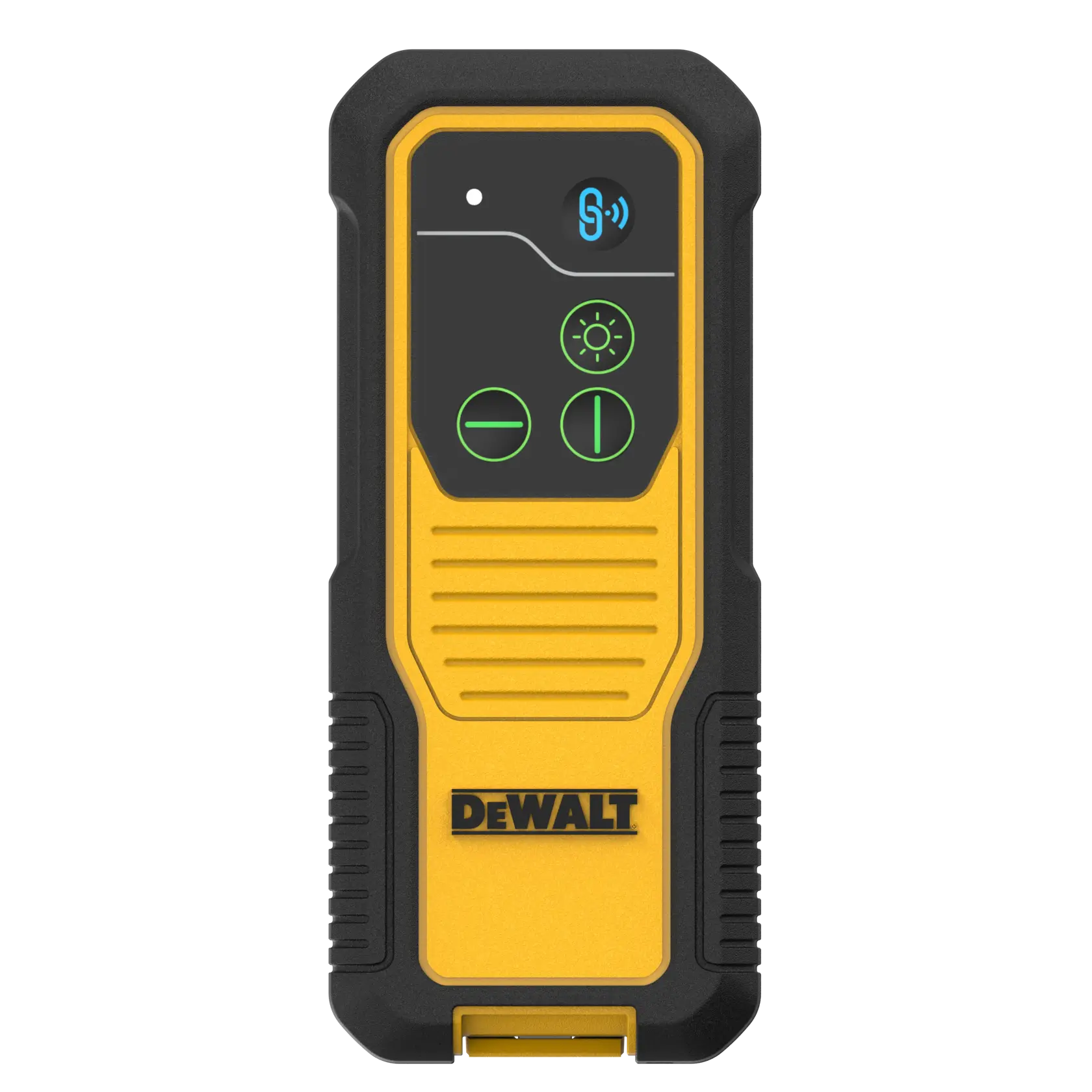 A DEWALT remote control device with a black and yellow rugged design, featuring three buttons with green icons and a display on the front.