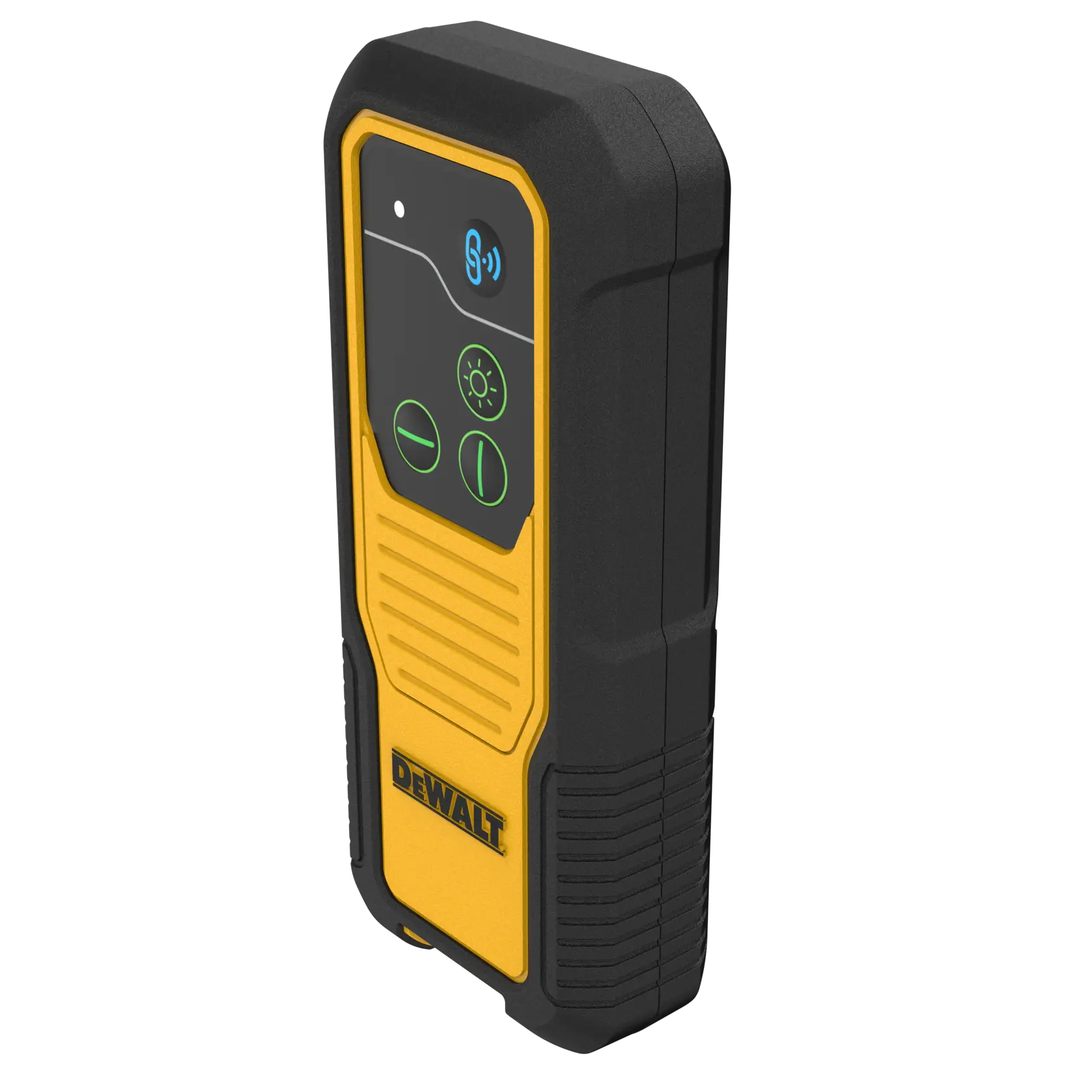 A DEWALT handheld electronic device with a rugged black and yellow casing, featuring a display screen and three round buttons on the front panel.