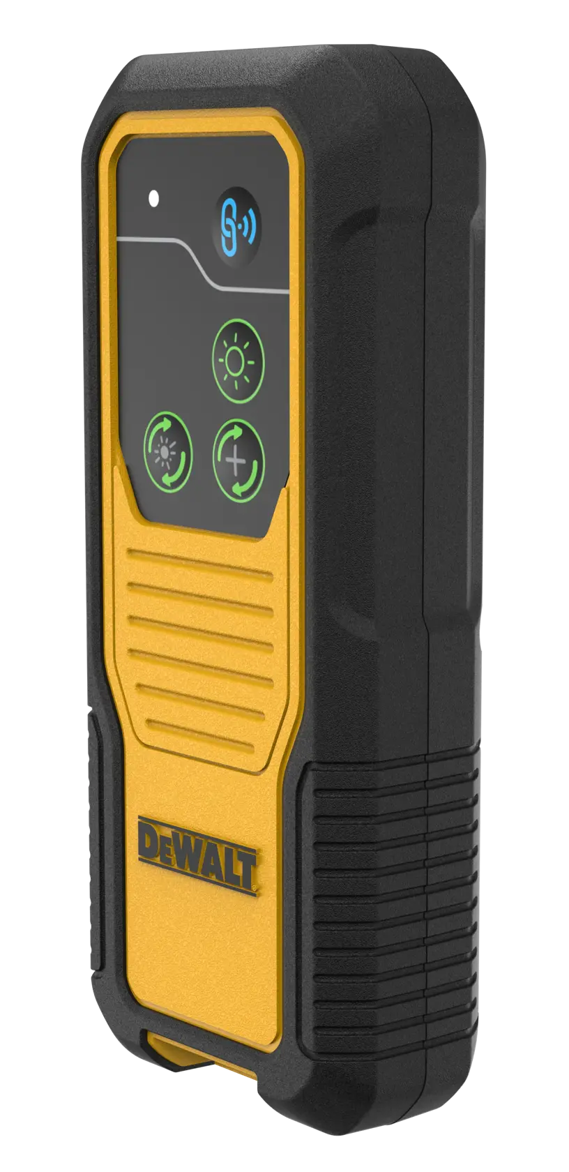 A DEWALT-branded electronic device with a rugged yellow and black casing, featuring a digital display with several illuminated control icons. The product is likely used for photography or measurement applications.