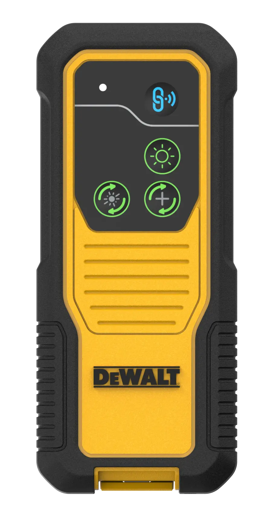 DEWALT DCLEAUSBRC2 photography tool, featuring a yellow and black rugged design with control buttons and indicator icons on the front panel.