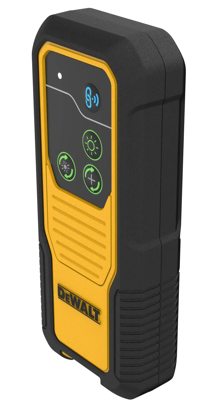 A DEWALT handheld electronic device with a rugged yellow and black casing, featuring several control buttons and indicator lights on the front panel.