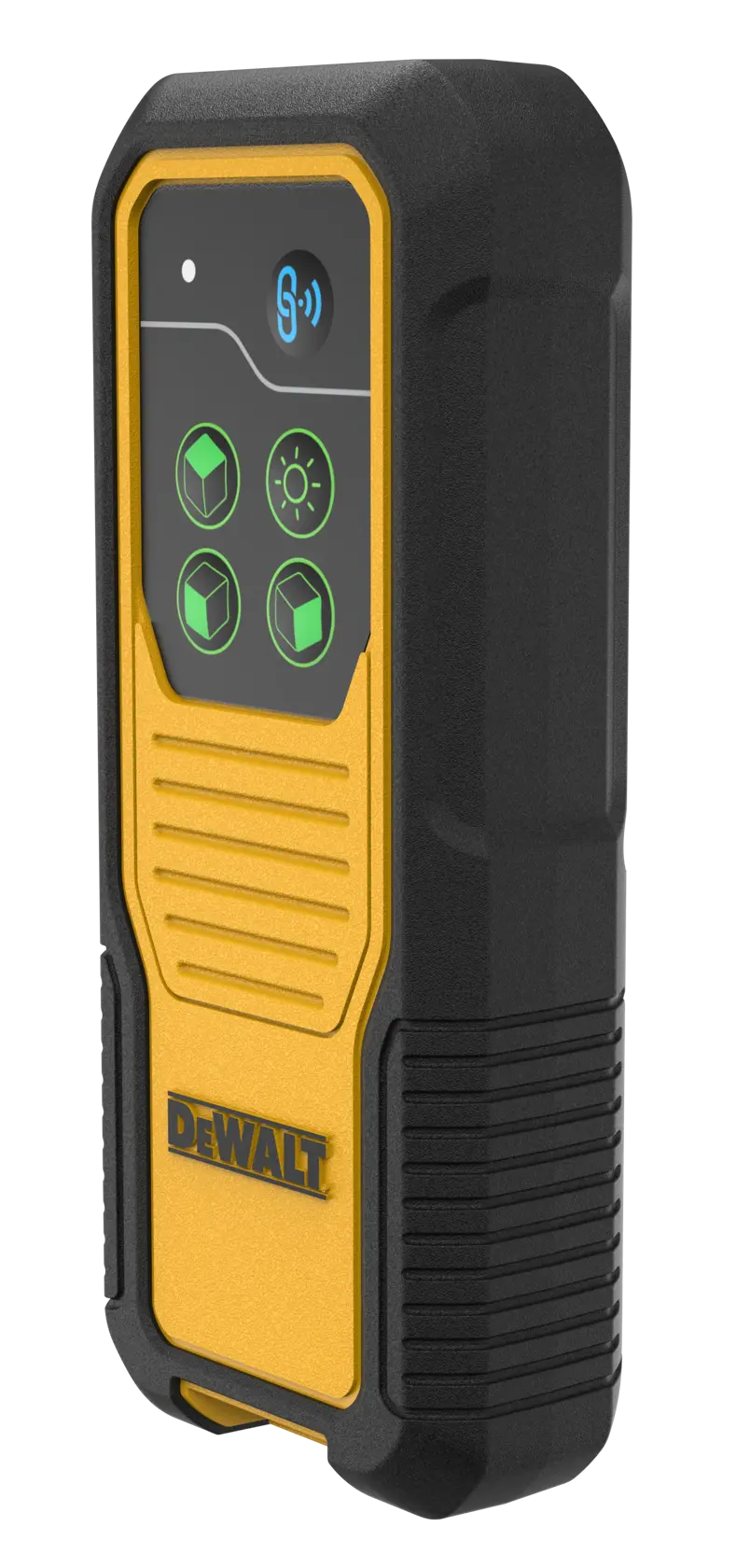 A DEWALT branded handheld electronic device with a black and yellow body, featuring a display with four green illuminated buttons and a wireless connectivity icon. The device appears to be used for photography or measurement purposes.