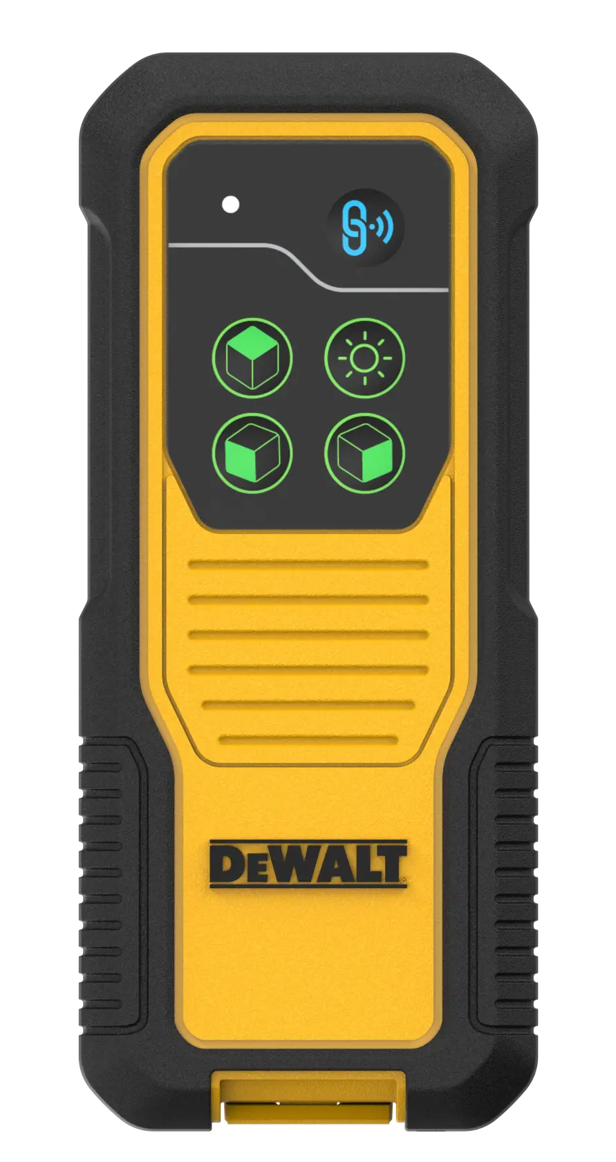 Front view of a DEWALT DCLEAUSBRC3 remote control for laser levels. The device is rectangular with a black and yellow rugged casing, has four illuminated green buttons and a DEWALT logo on the lower yellow section.