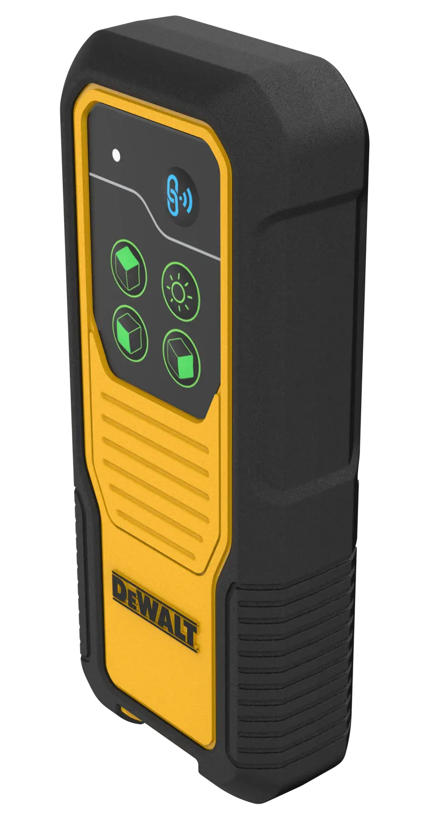 A DEWALT handheld remote control device with a rugged black and yellow casing, featuring a display with four green-illuminated buttons and Bluetooth symbol, used for controlling photography or construction equipment.