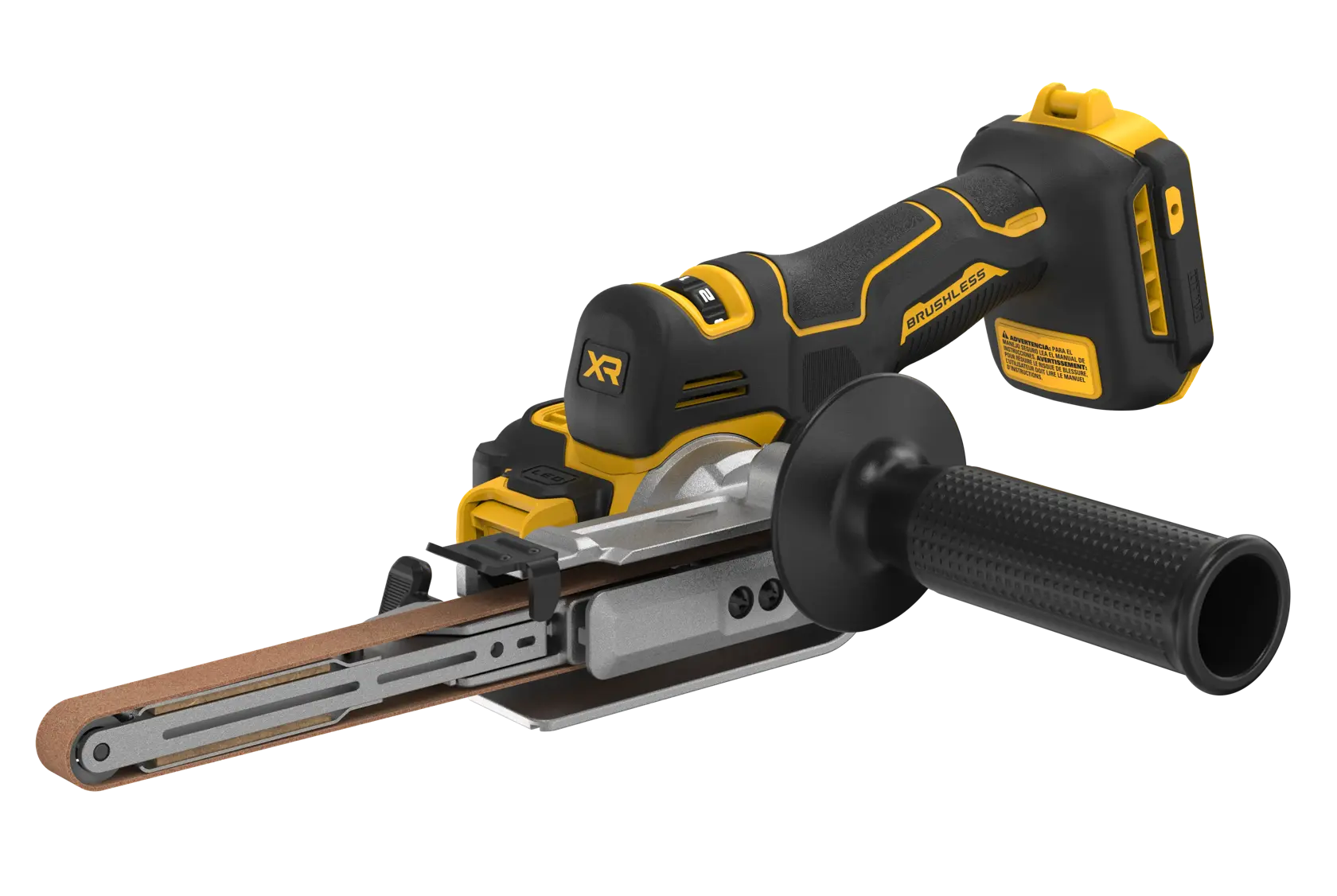 A DEWALT cordless brushless power tool, specifically a belt sander (model DCM200B), shown with a yellow and black design and a detachable handle.