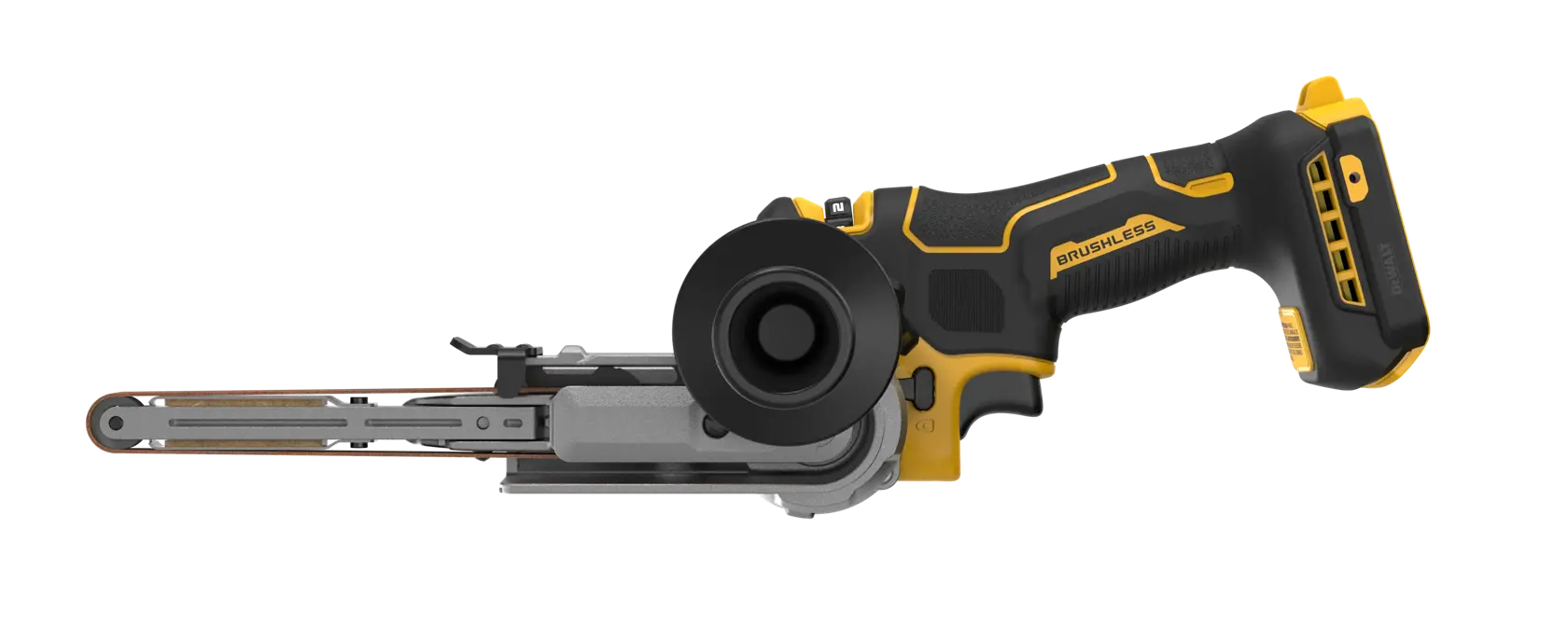 A DEWALT cordless brushless belt sander with a black and yellow ergonomic handle, shown in a side profile on a white background.