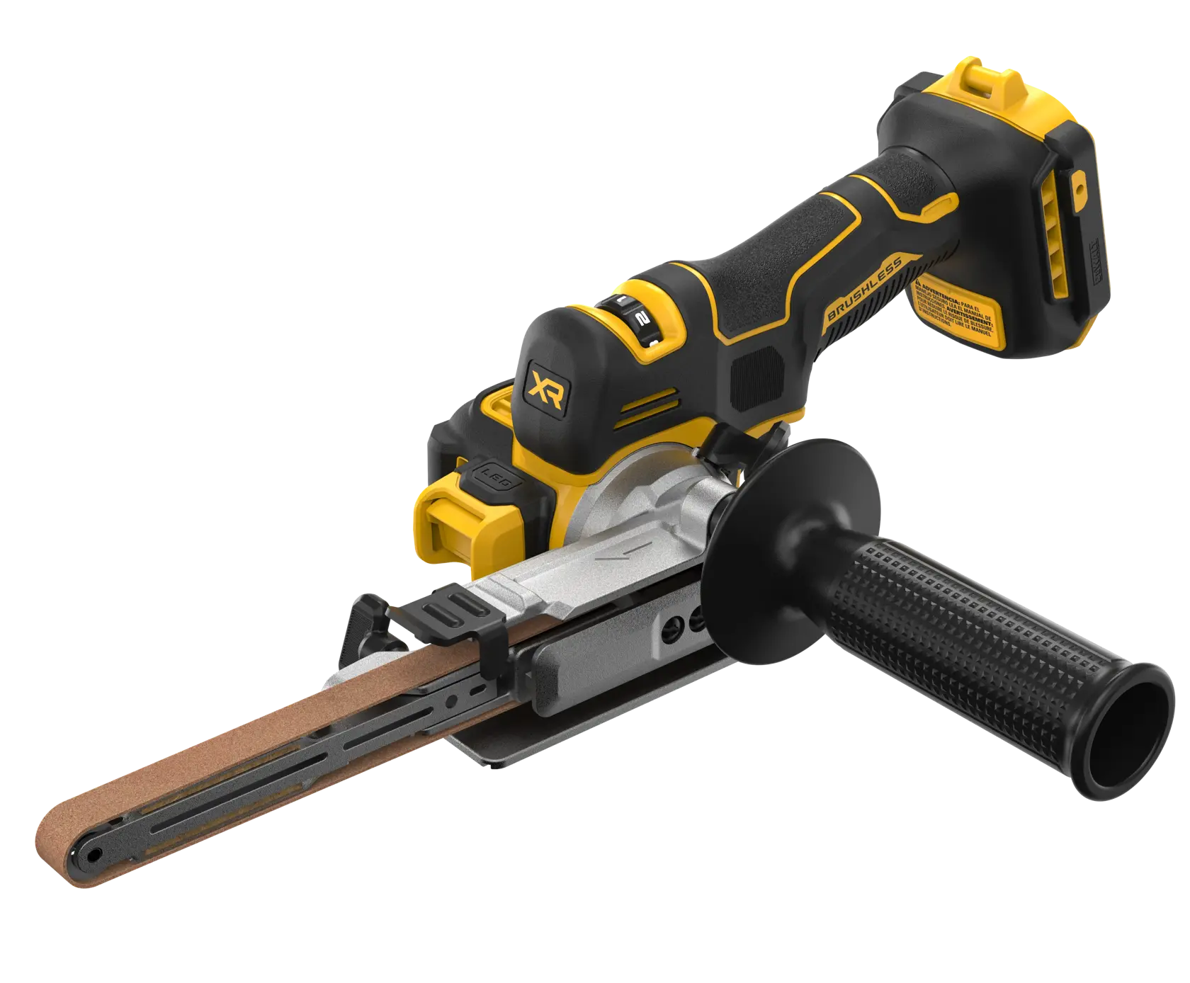 A cordless DEWALT XR brushless handheld belt sander with a black and yellow design, shown with a side grip handle and elongated sanding belt.