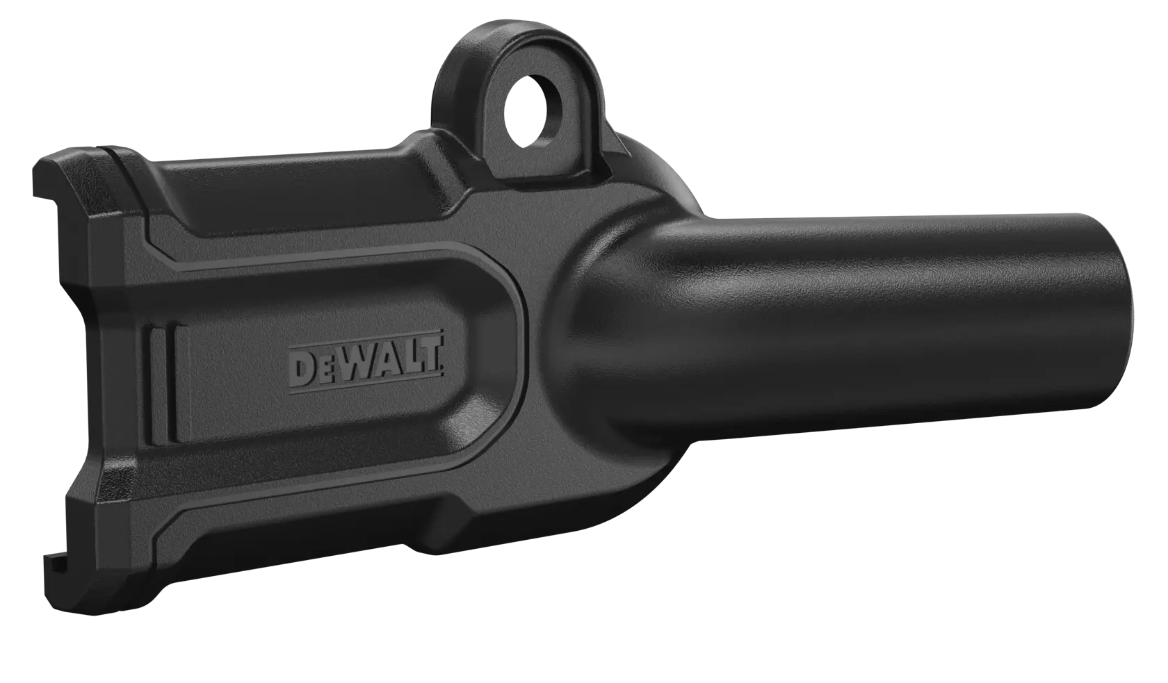 A black DEWALT dust collection attachment designed for use with certain power tools.