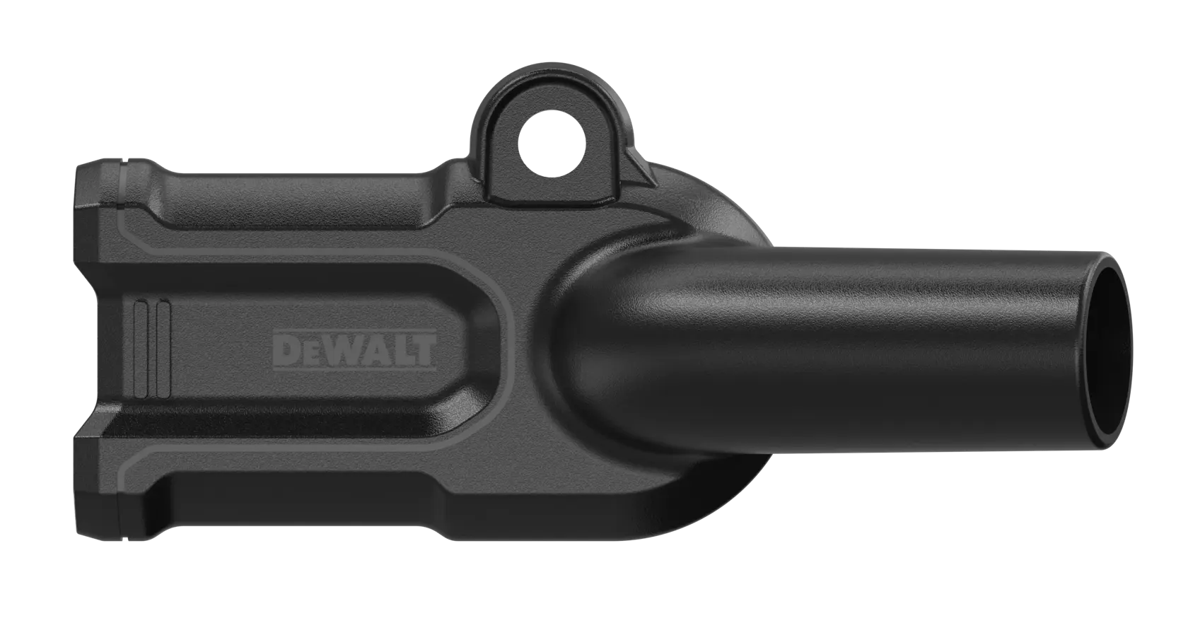 A black DEWALT attachment part, likely a dust collection nozzle or adapter, with a cylindrical extension and mounting hole.