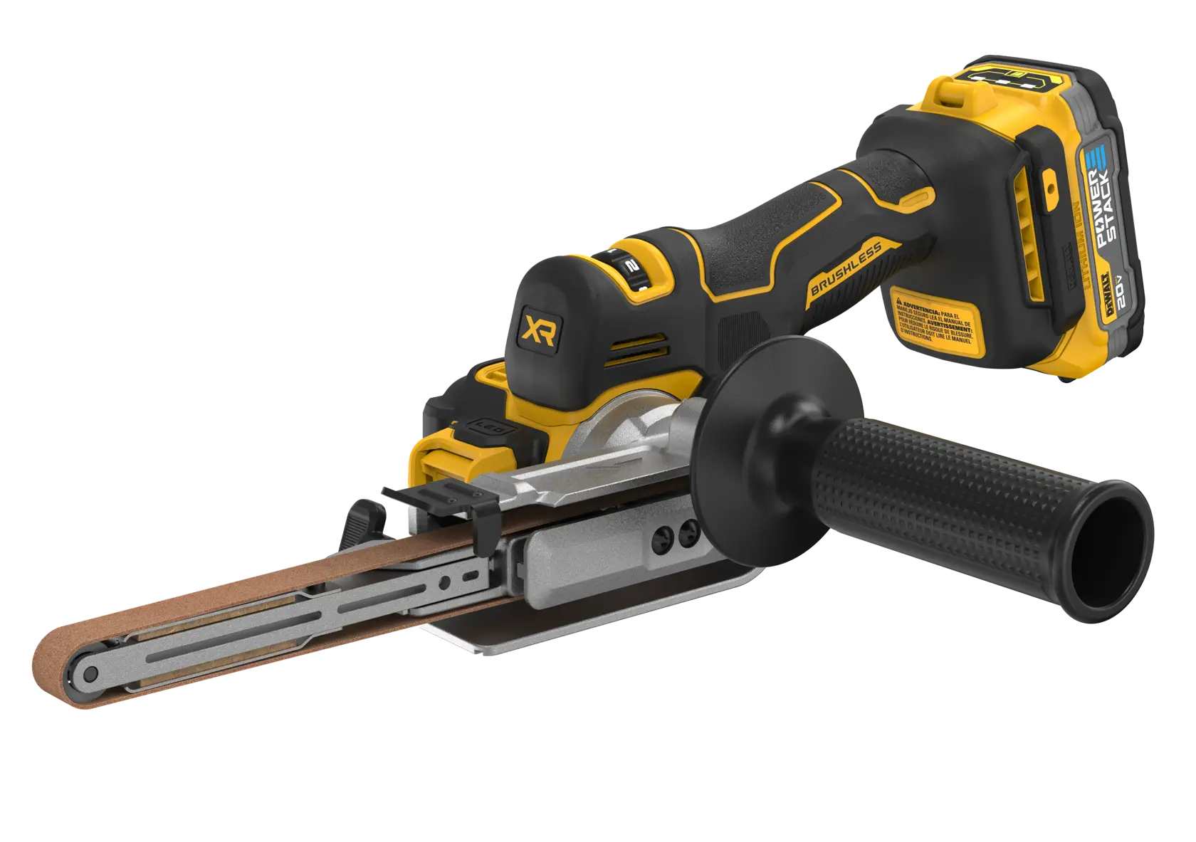 A DEWALT cordless brushless belt sander with a black and yellow design, featuring a detachable battery and a textured auxiliary handle.