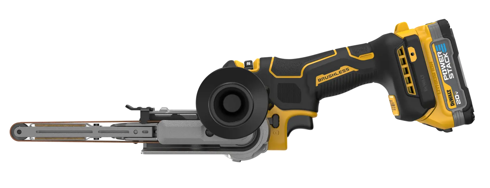 A DEWALT 20V cordless brushless belt sander with a black and yellow ergonomic handle and battery pack attached.