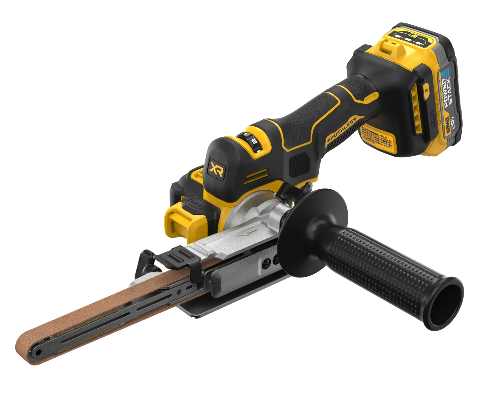 A DEWALT cordless handheld belt sander with a brushless motor, yellow and black design, ergonomic handle, side grip, and a rechargeable battery attached.