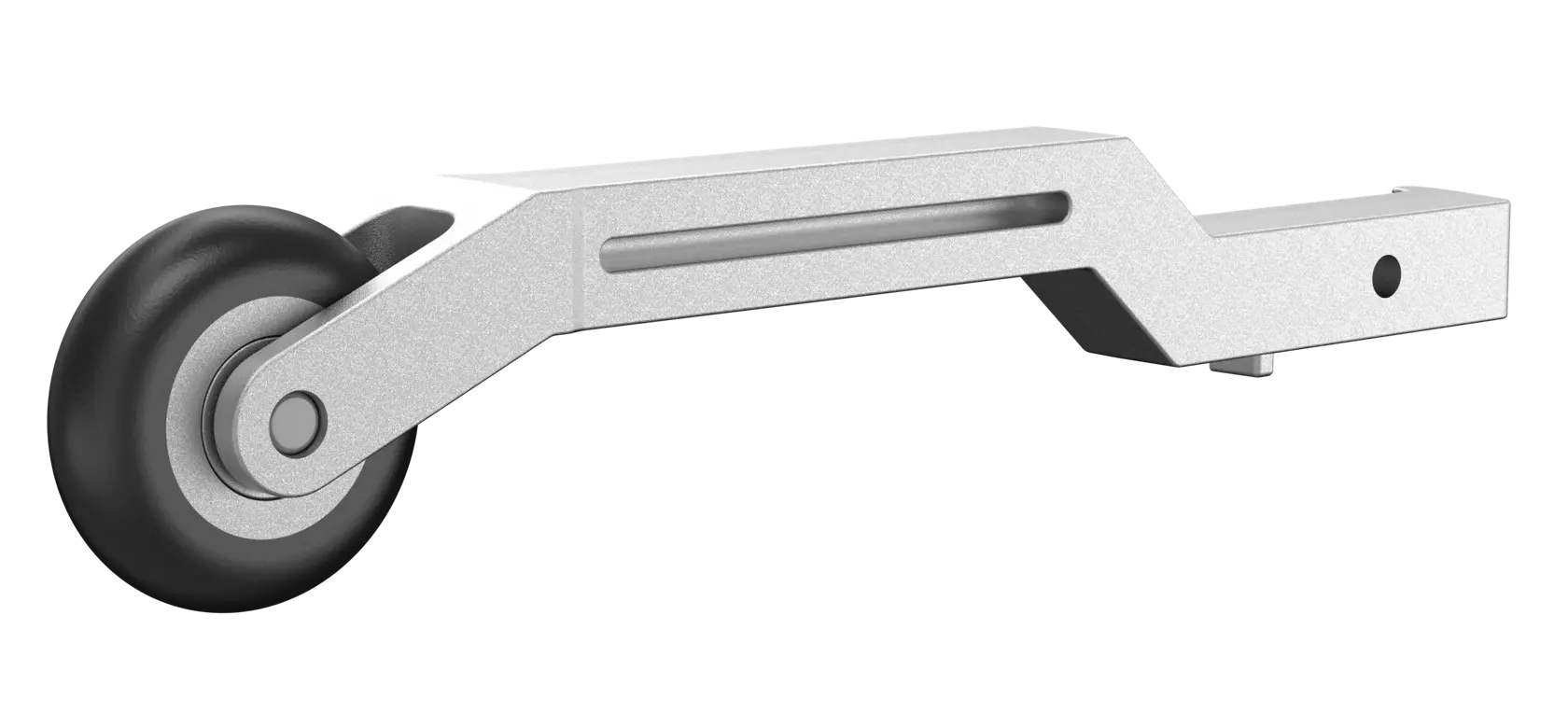 A metal accessory part with a single black wheel, designed for attachment to equipment. The part has a sleek, angular silver body with mounting holes and a wheel for mobility.