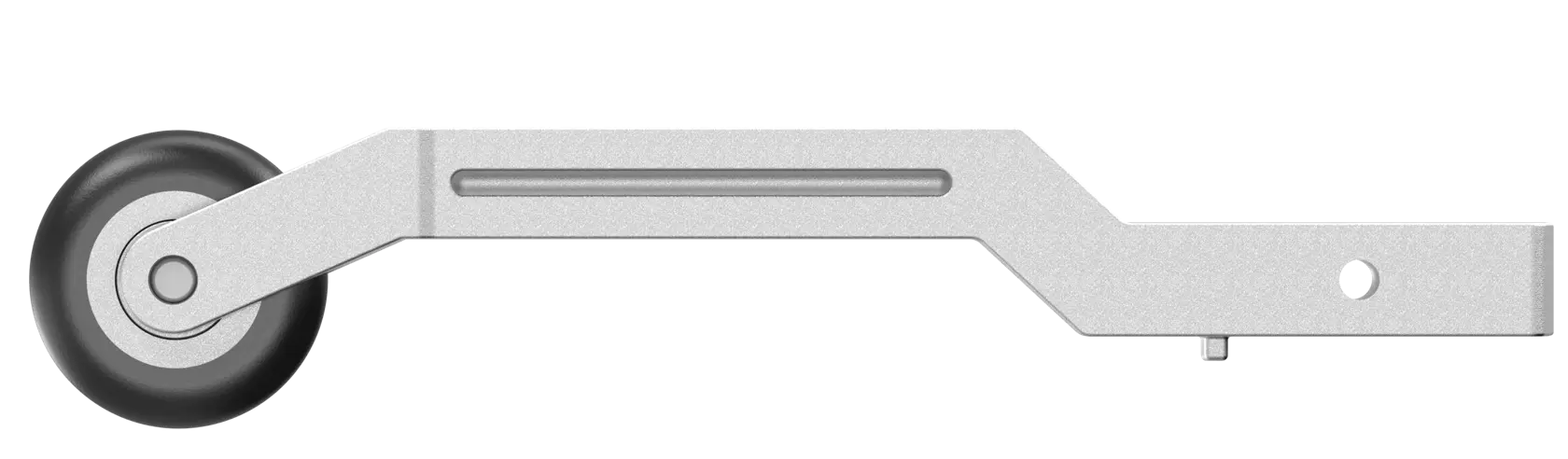 A side view of a metal bracket with a single black wheel, designed for attachment, possibly as a stabilizing or rolling accessory.