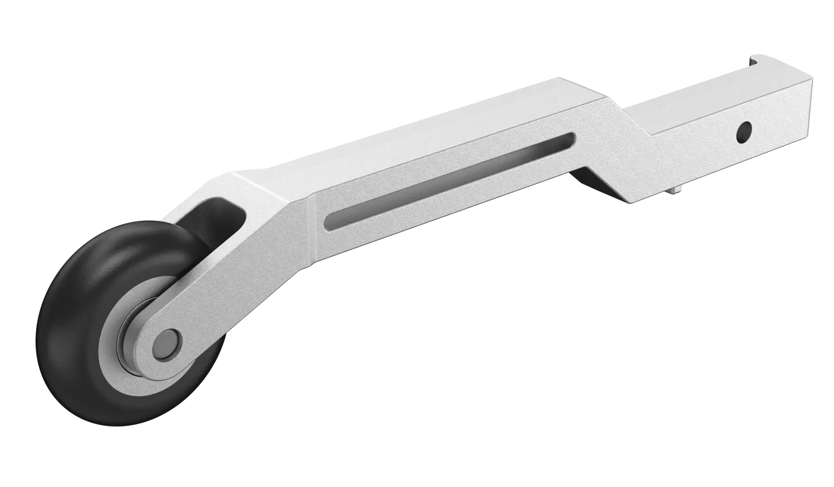 A metal caster wheel attachment with a black rubber wheel, designed for mobility on machinery or equipment.