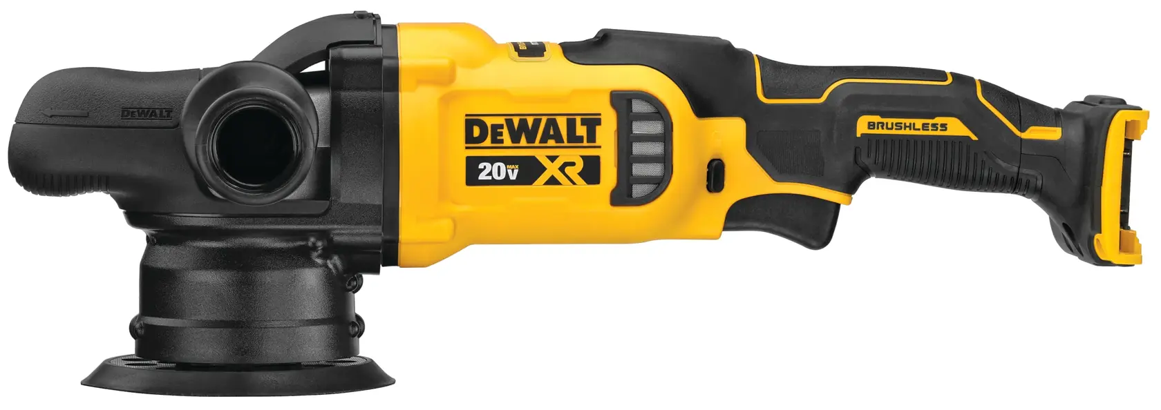 A DEWALT 20V XR cordless brushless polisher, yellow and black, shown from the side.