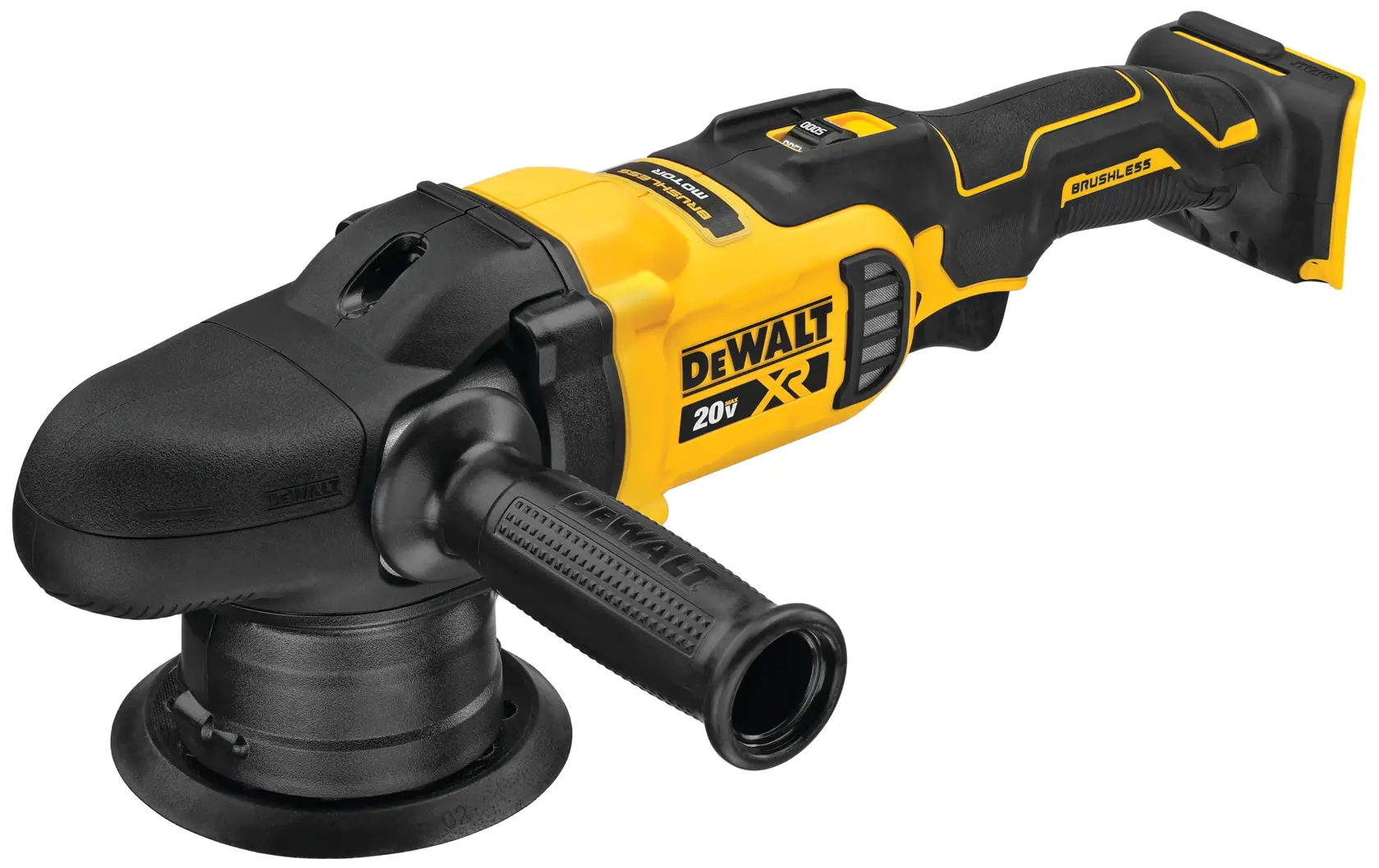 A DEWALT 20V XR cordless brushless polisher with a side handle, featuring a yellow and black design.