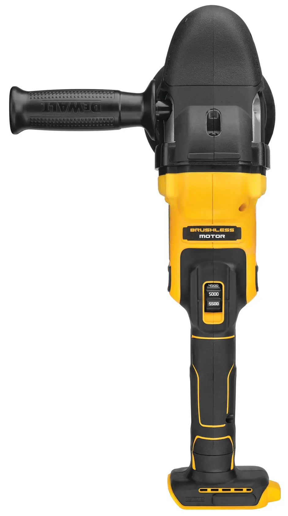 A DEWALT cordless brushless motor polisher tool with a yellow and black handle and side grip, shown from the front view.