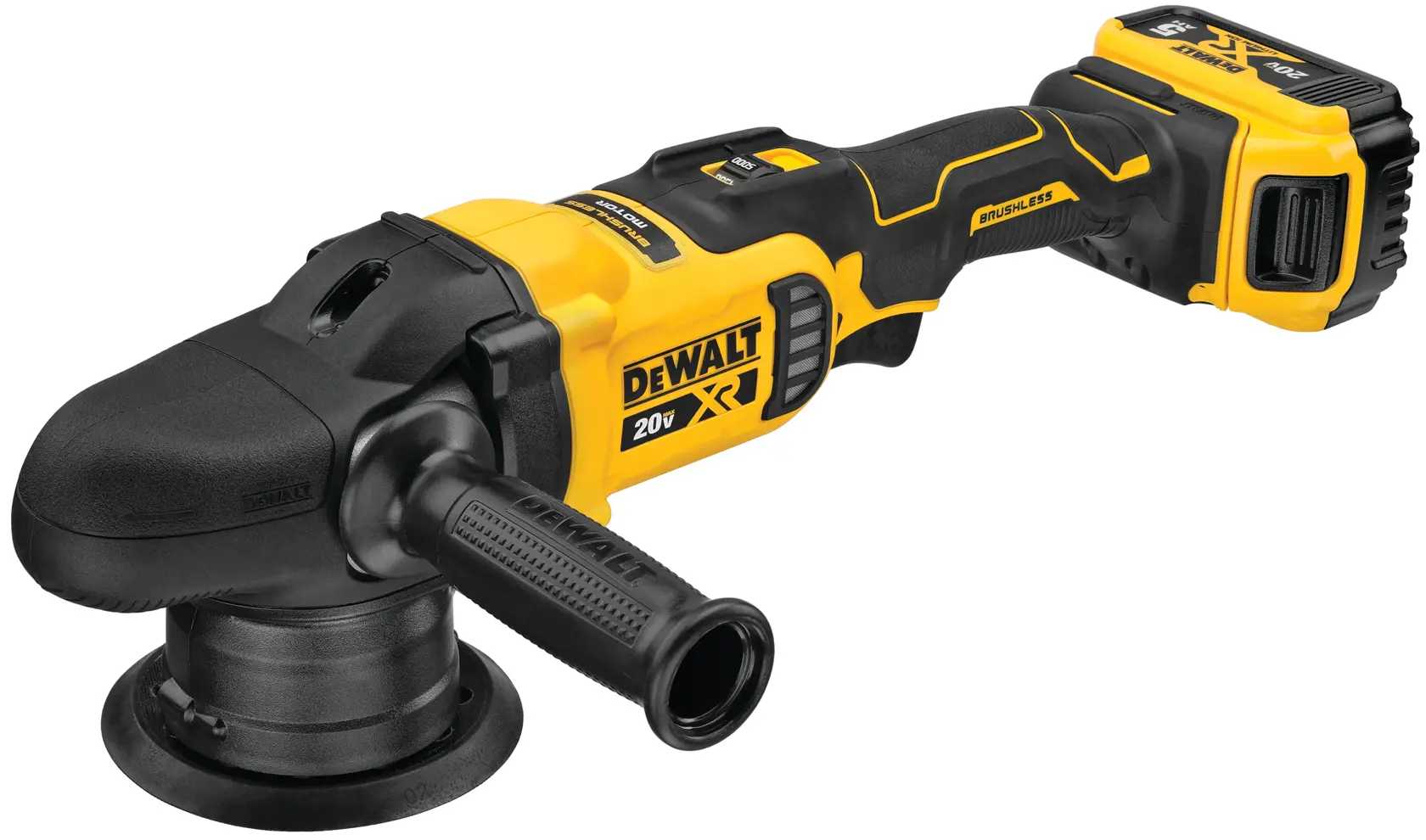 A DEWALT 20V XR cordless polisher tool with a black and yellow design, featuring a side handle and detachable battery pack.