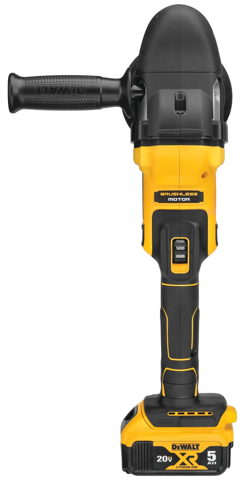 A DEWALT DCM848P2 cordless brushless motor power tool, featuring a black and yellow design, with a side handle and a 20V XR lithium-ion battery attached at the base.