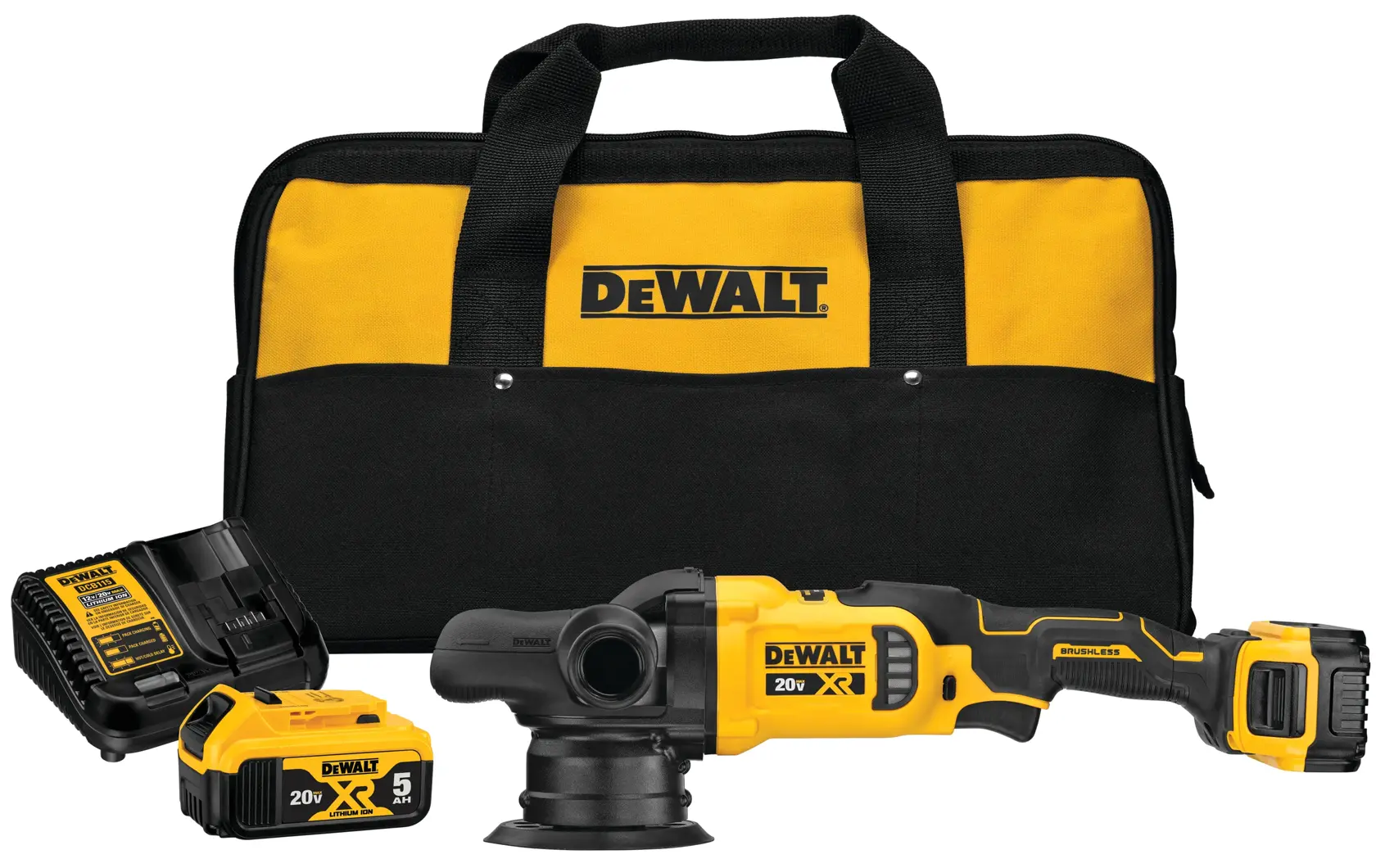 DEWALT 20V cordless polisher kit, including a yellow and black polisher, battery, charger, and carrying bag.