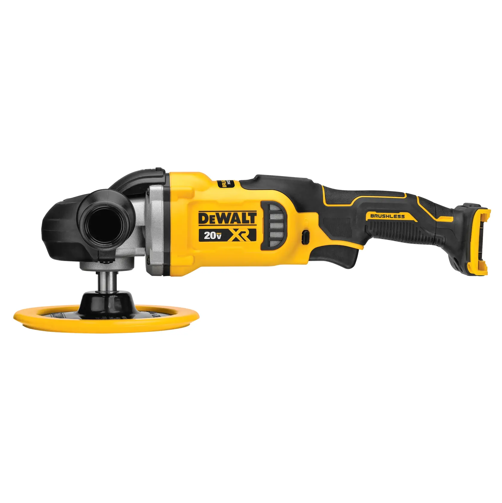 A DEWALT 20V XR cordless brushless polisher, shown in yellow and black colors, with a detachable battery slot and a round polishing pad.