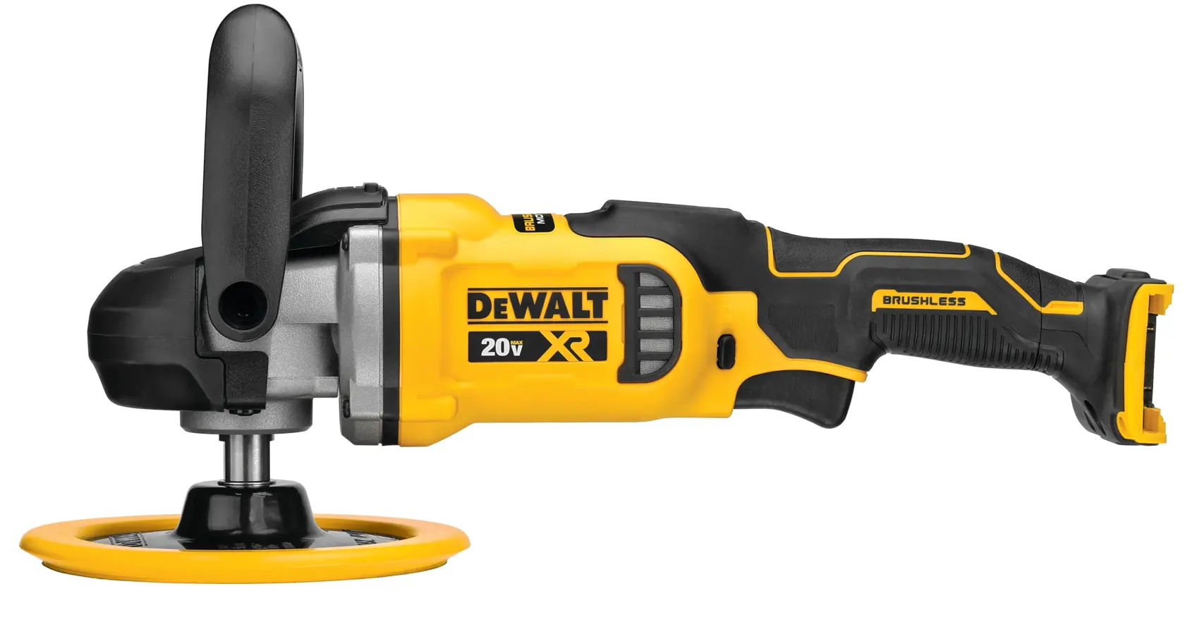 A DEWALT 20V XR cordless brushless polisher with a side handle, shown in yellow and black colors, photographed on a white background.