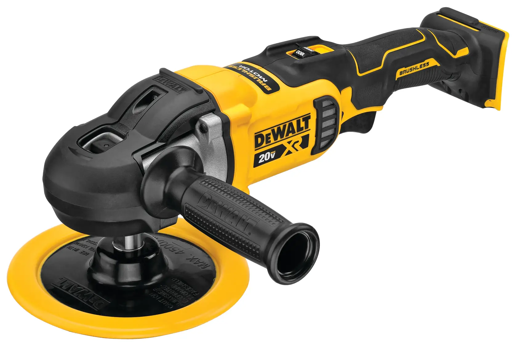 A DEWALT cordless rotary polisher tool with a yellow and black design, featuring a side handle and a circular polishing pad.