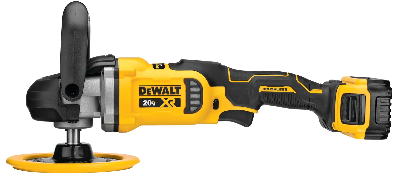 A DEWALT cordless 20V XR brushless polisher with a yellow and black design, featuring a side handle and a large polishing pad, shown against a white background.