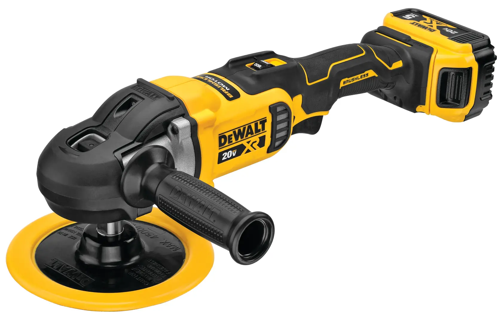 A DEWALT 20V XR cordless power tool polisher with a brushless motor, yellow and black in color, featuring a side handle and a detachable battery pack.