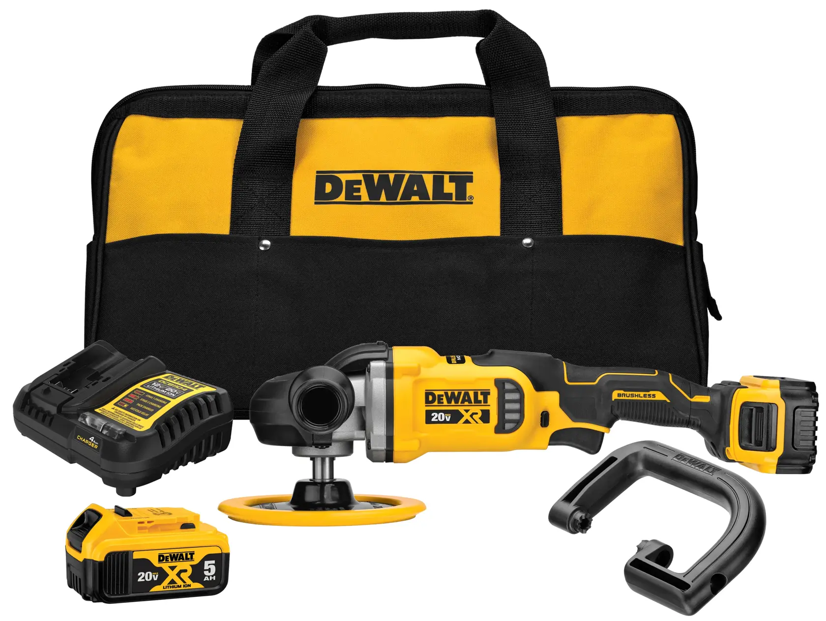 A DEWALT 20V cordless polisher kit including a black and yellow tool bag, a cordless polisher, a battery charger, a rechargeable battery, and a polishing accessory.