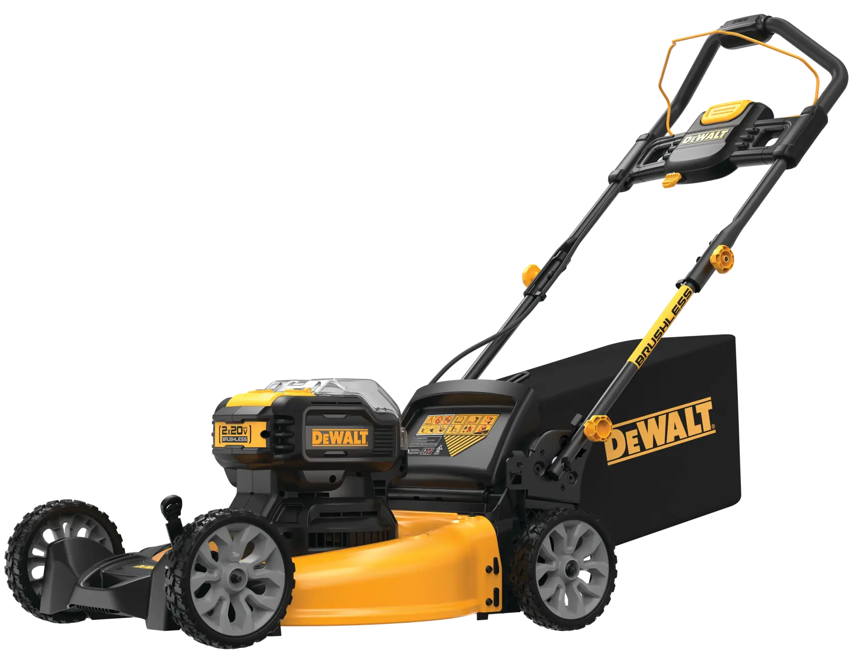 A DEWALT cordless electric lawn mower with a yellow and black design, featuring a rear grass collection bag and a sturdy handle.