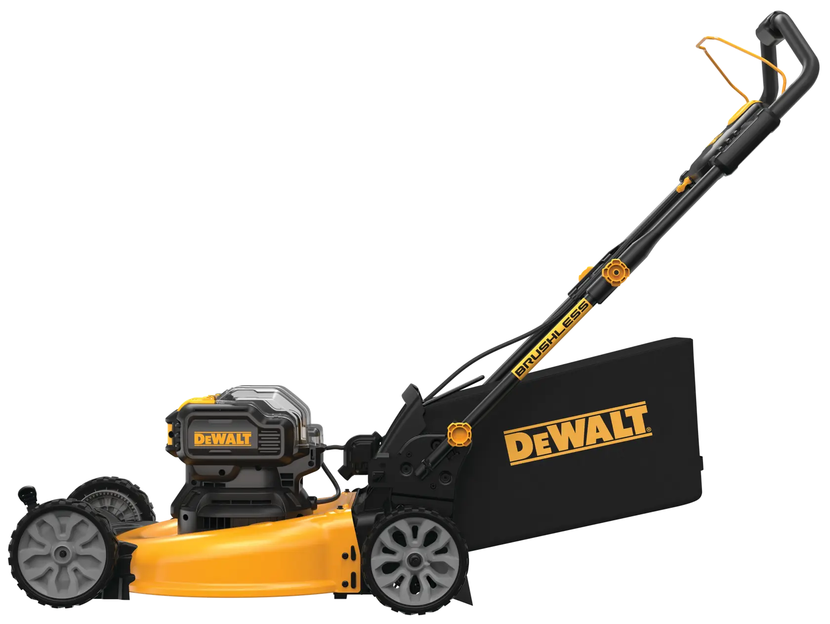A DEWALT cordless electric lawn mower with a yellow and black design, four wheels, a bag for grass collection, and a brushless motor.