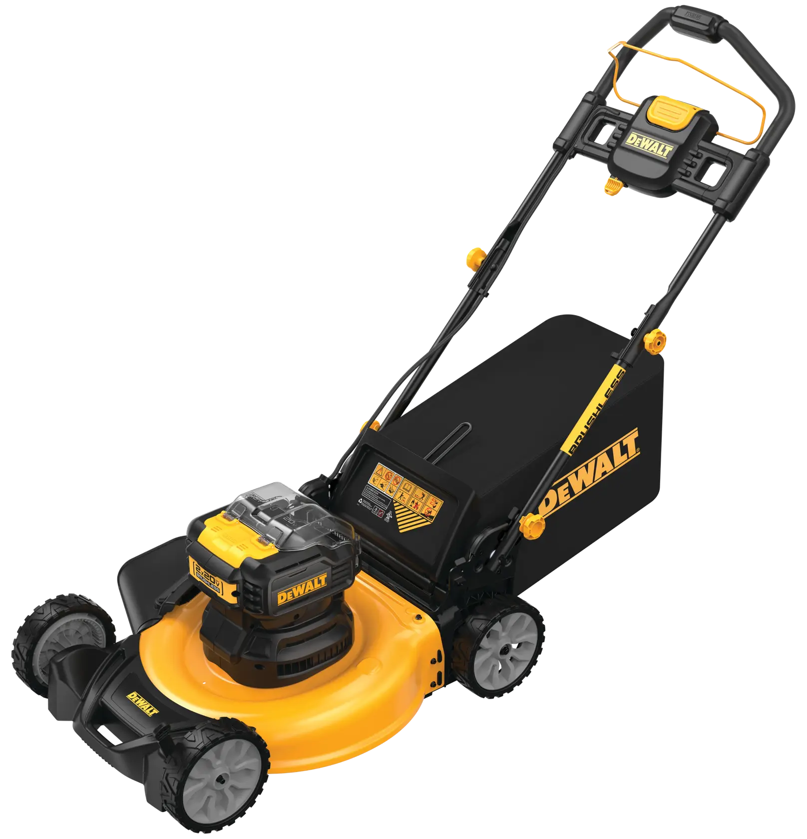 A yellow and black DEWALT cordless lawn mower with a grass collection bag attached, viewed from an angle on a white background.