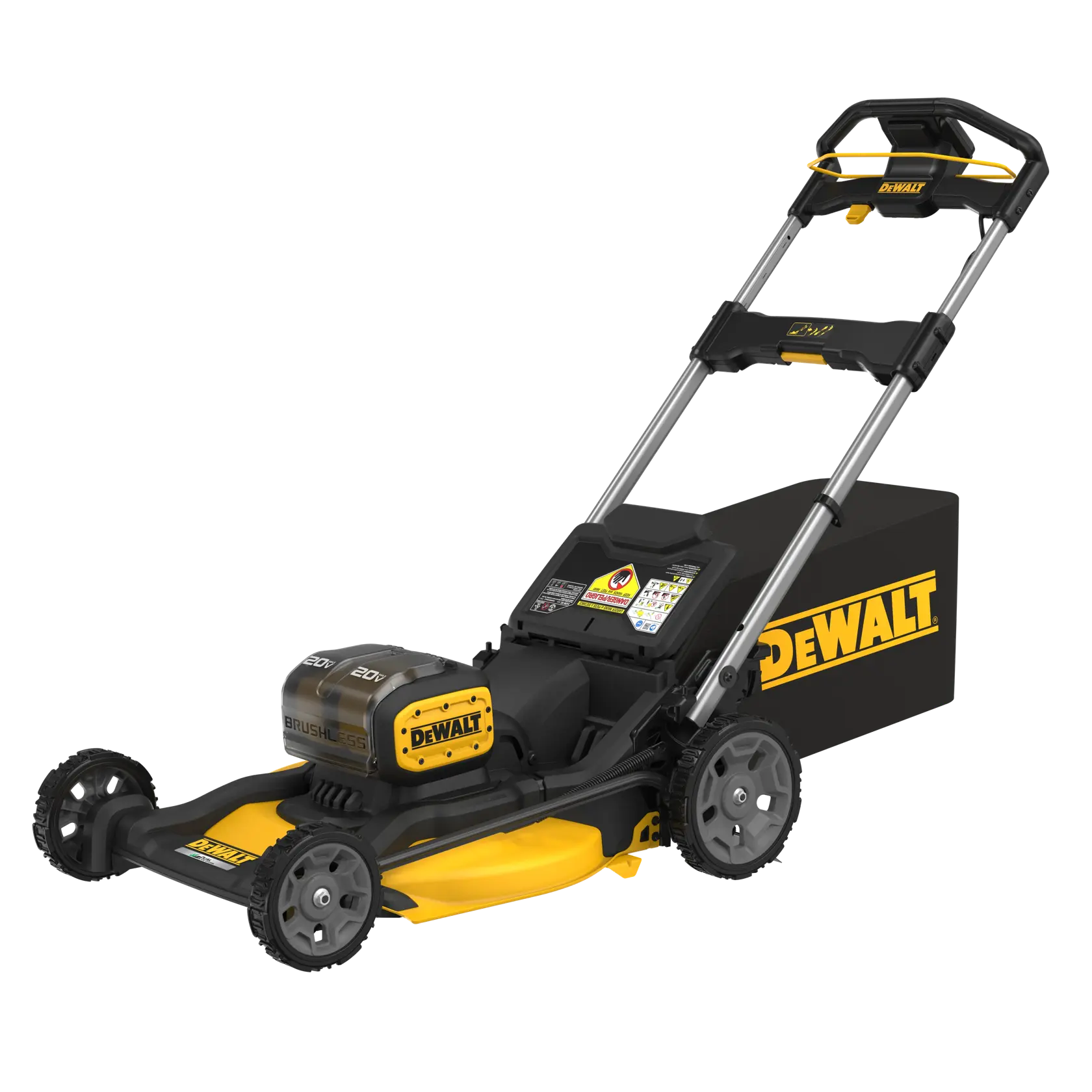 A DEWALT cordless lawn mower with a brushless motor, featuring a yellow and black design, large rear wheels, and a grass collection bag attached.