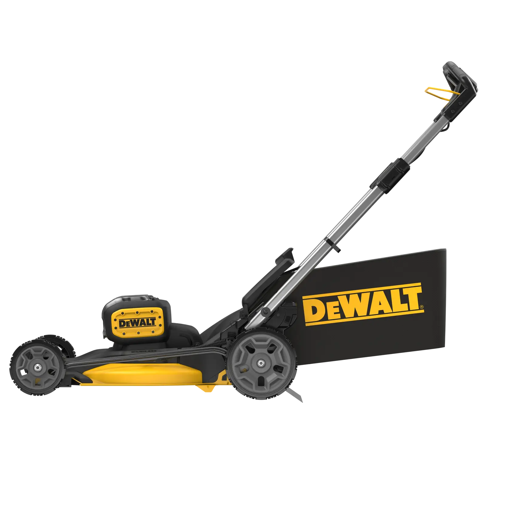 Side view of a DEWALT cordless lawn mower with a yellow and black color scheme, featuring the DEWALT logo on the grass collection bag and battery housing.
