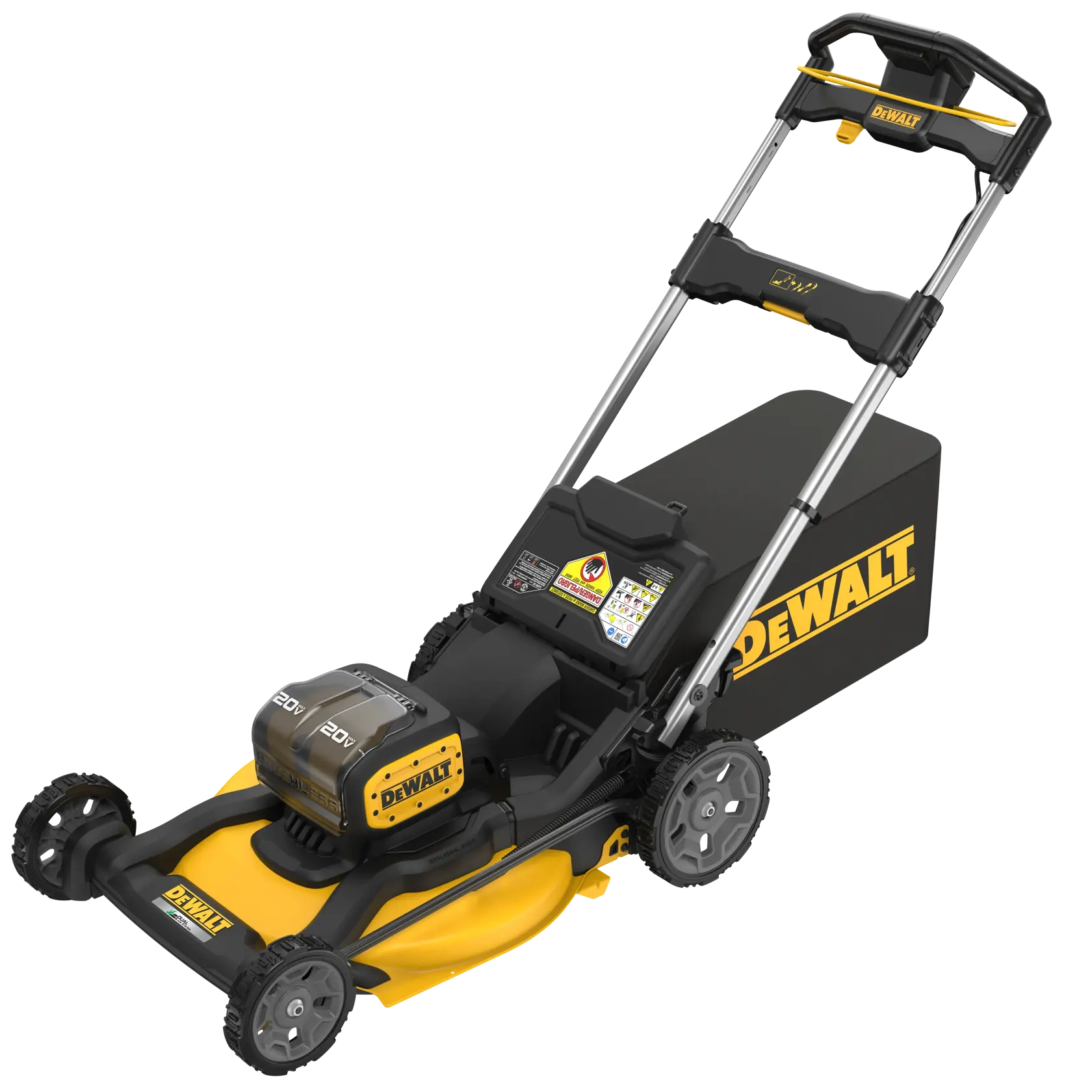 A DEWALT branded cordless electric lawn mower with a large rear grass bag, yellow and black coloring, and adjustable handle, shown on a white background.