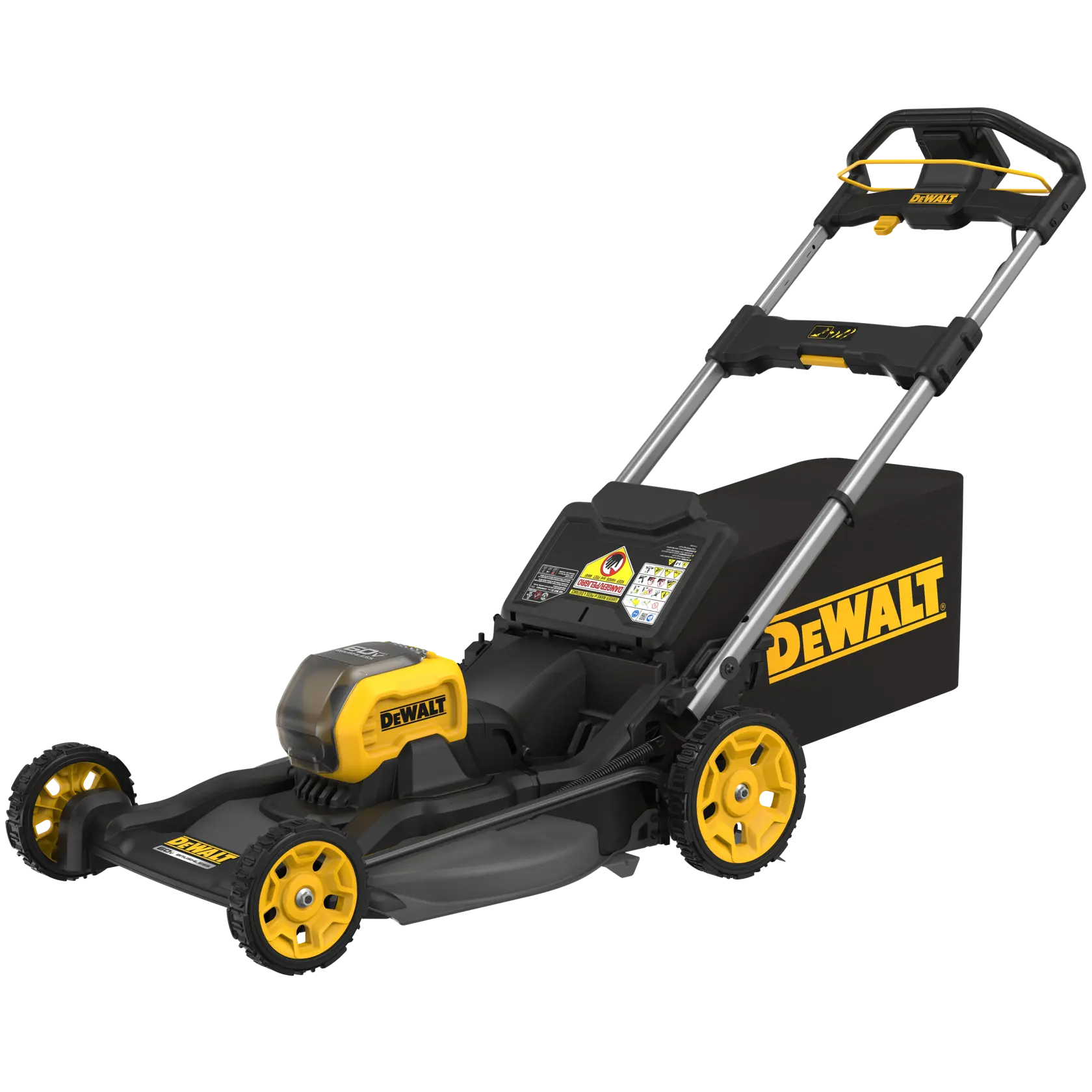 A DEWALT branded cordless electric lawn mower with yellow and black design, featuring a large rear grass collection bag and adjustable handle.
