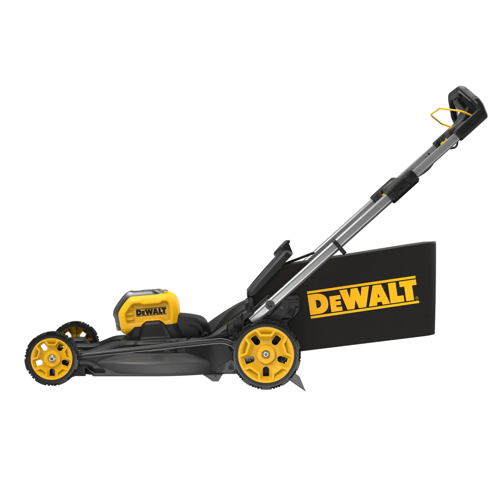 A DEWALT branded cordless electric lawn mower, featuring yellow and black colors, with a grass collection bag attached and large rear wheels.