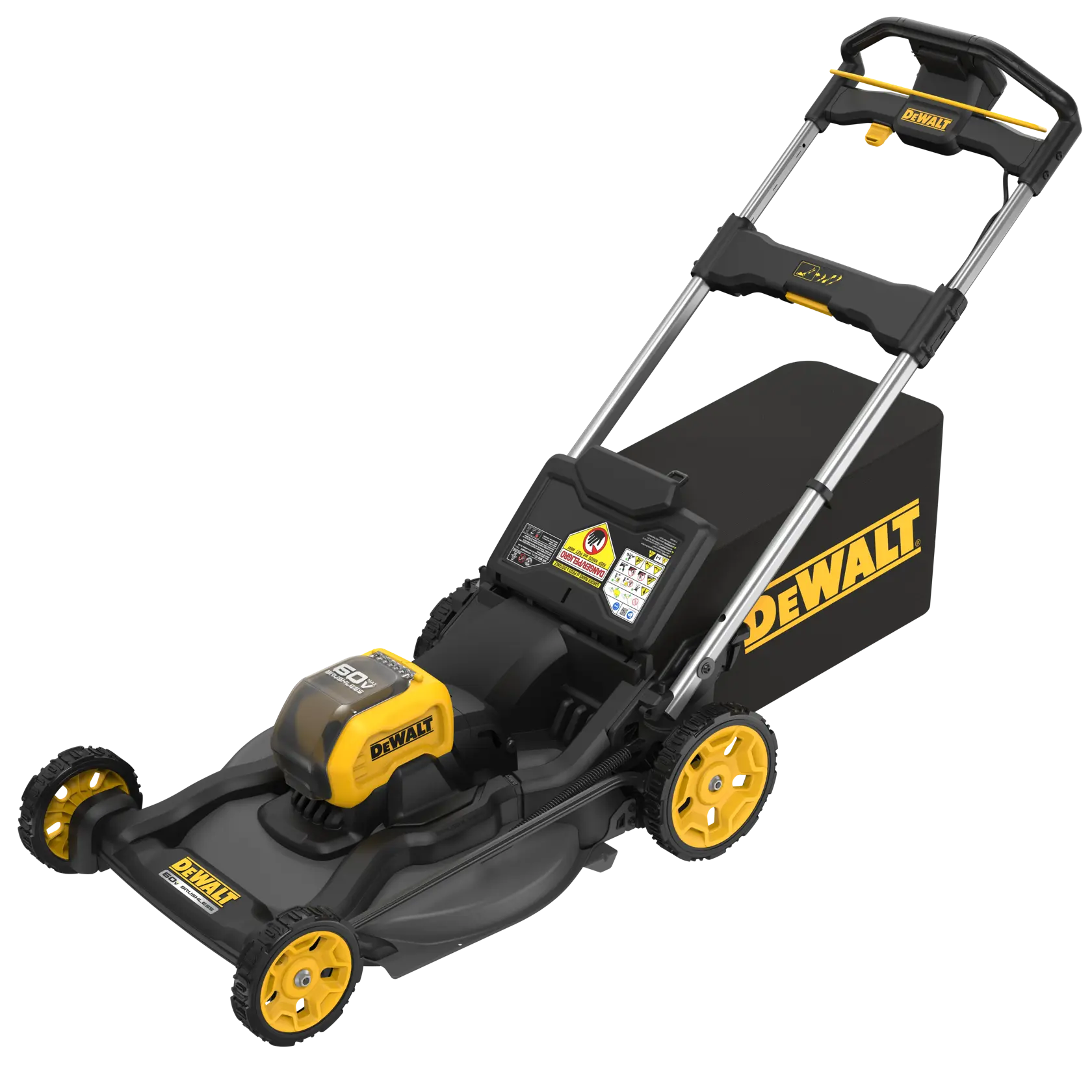 A DEWALT cordless electric lawn mower with yellow and black accents and a grass collection bag attached.