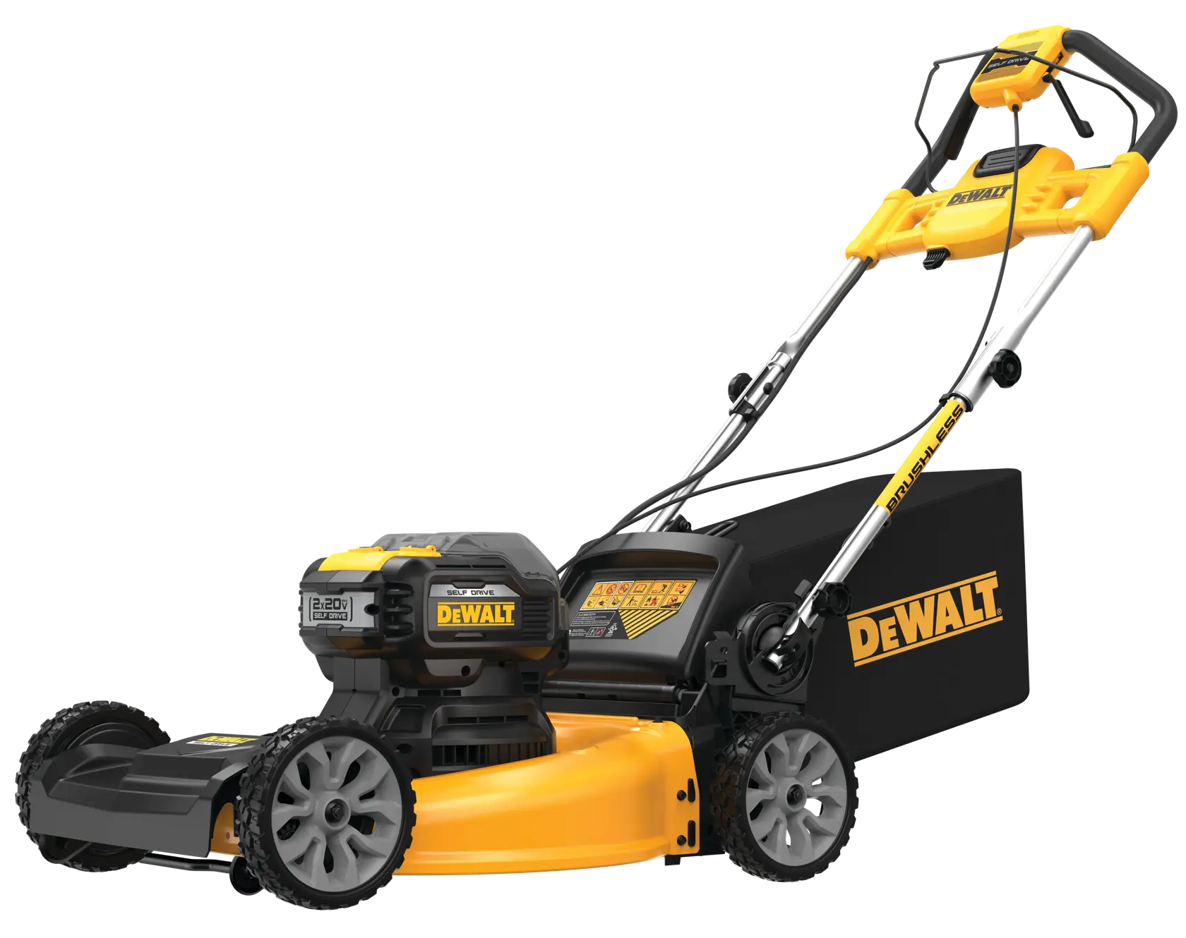 A DEWALT-branded self-propelled cordless lawn mower with a black and yellow design and rear grass bag attachment.