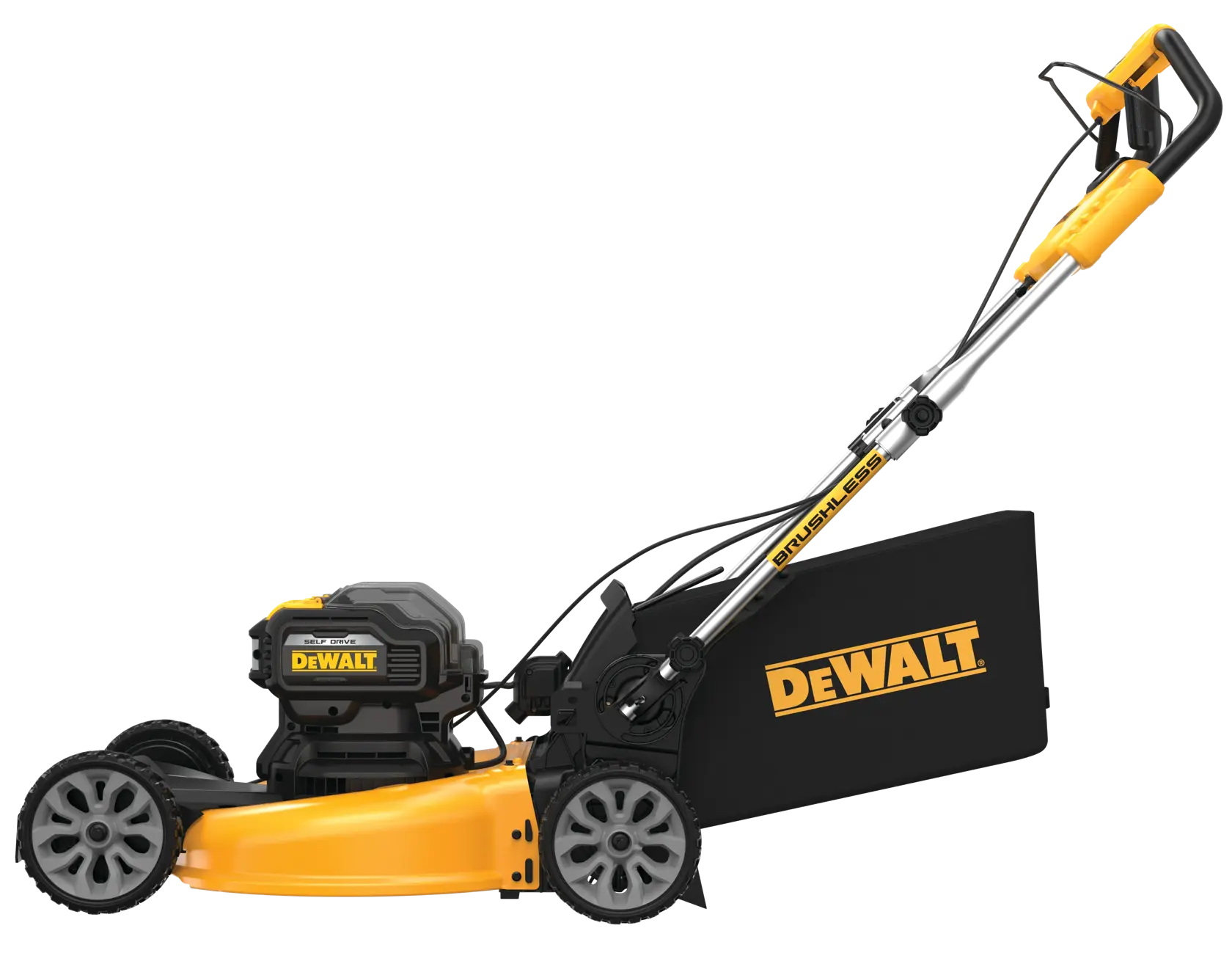 A DEWALT cordless electric lawn mower with a yellow and black design, featuring large wheels and a grass collection bag attached to the back.