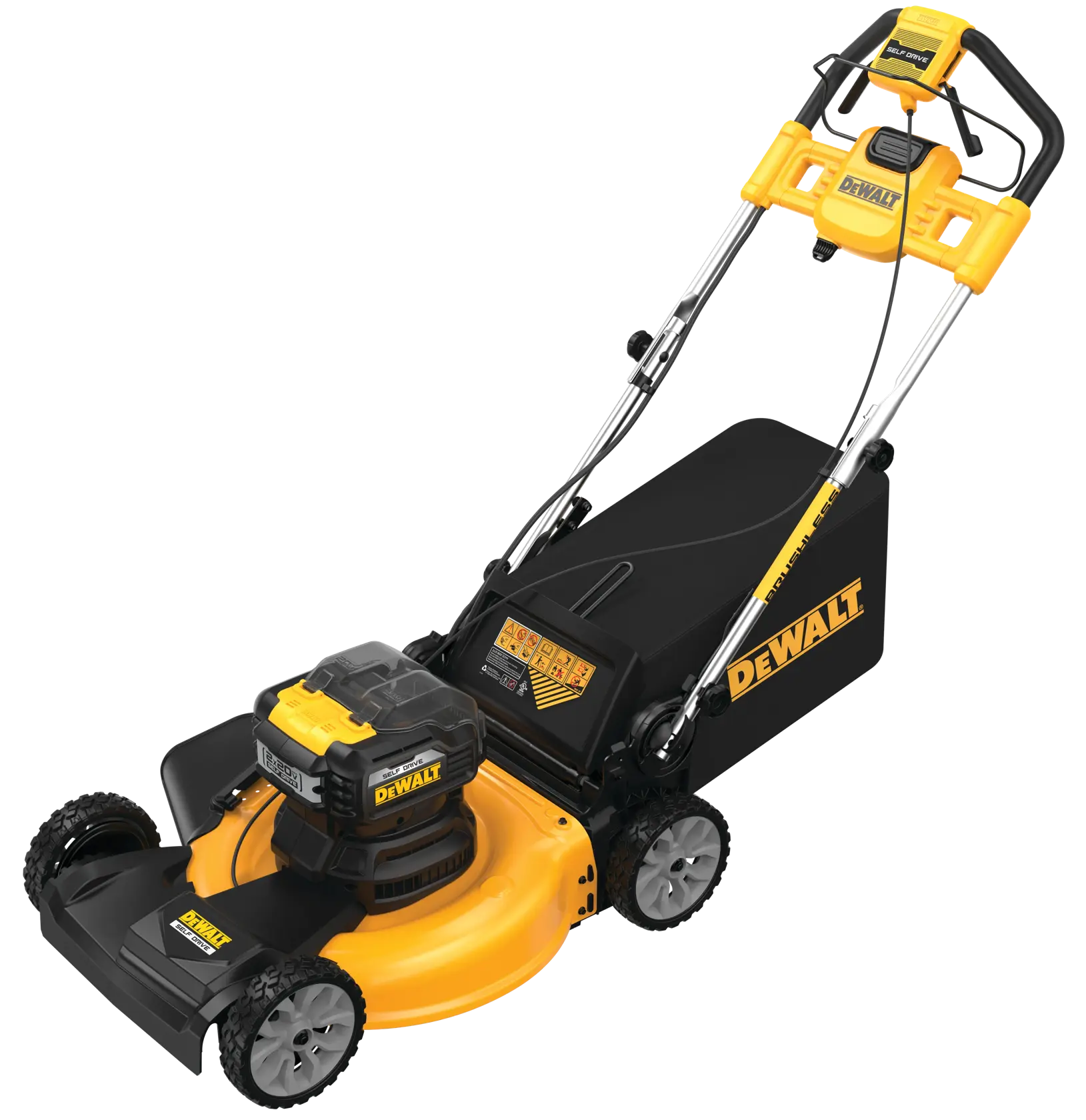 A DEWALT branded electric lawn mower with a yellow and black color scheme, featuring a battery compartment and a grass collection bag attached at the rear.