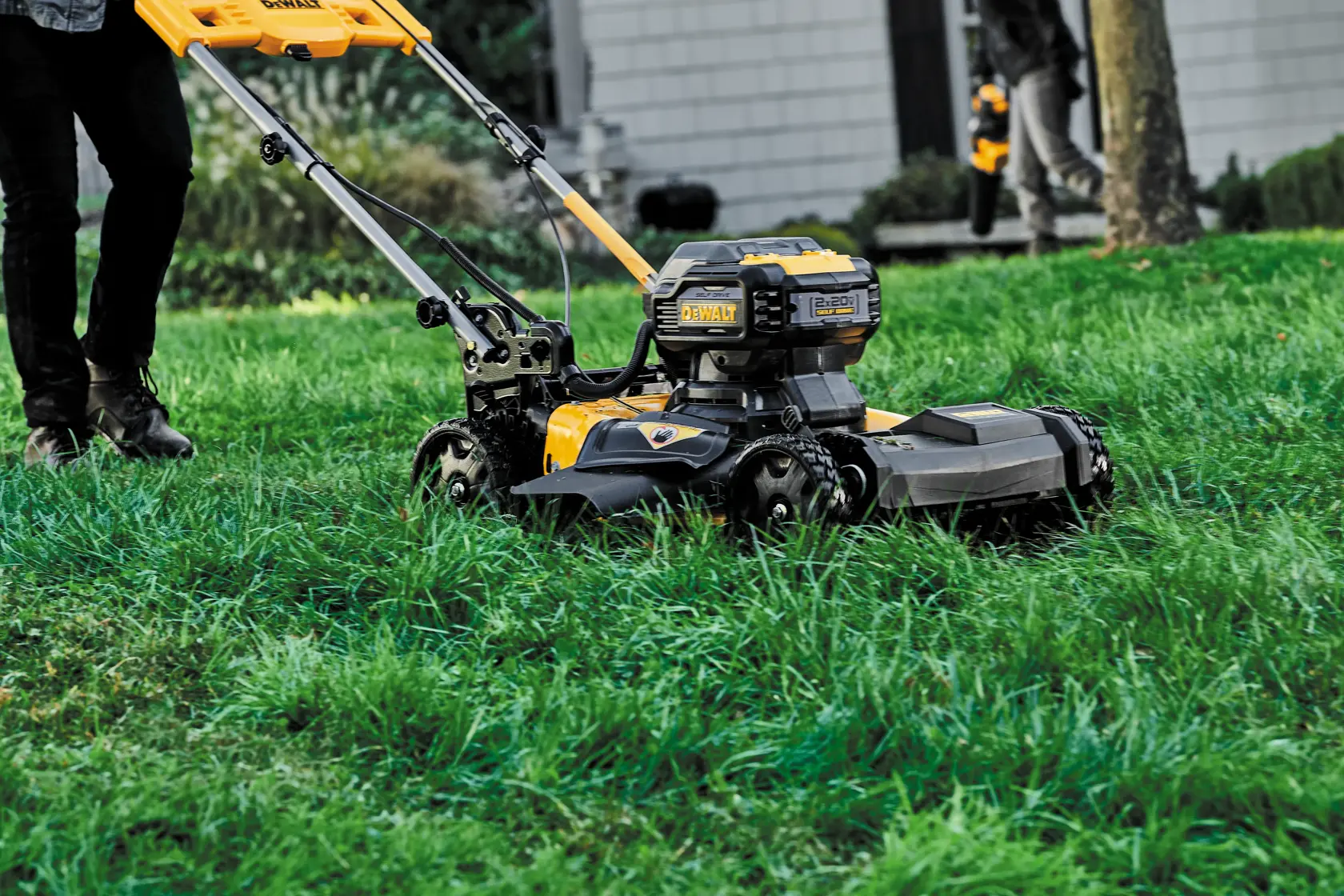 A DEWALT cordless lawn mower is being used to cut grass in a garden. The mower features a yellow and black design, and a person is pushing it. Another person is visible in the background near a tree.