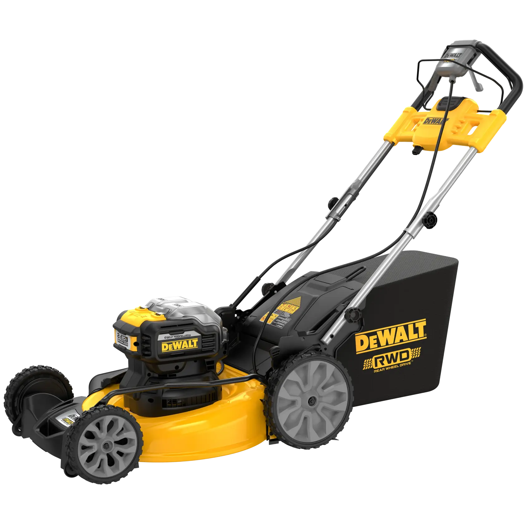 A DEWALT rear-wheel drive lawn mower with a yellow and black color scheme, featuring adjustable handle, large back wheels, and grass collection bag.